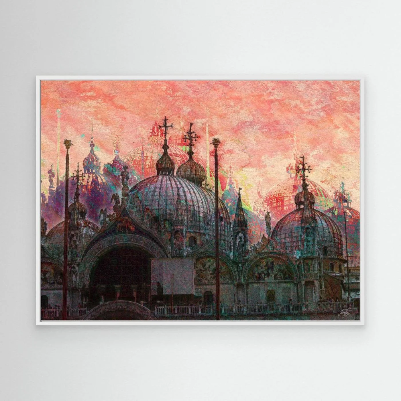 Expressionist digital art print showcasing St. Mark's Basilica in Venice with intricate dome details under a textured pink and coral sky, framed and ready to hang. With white frame