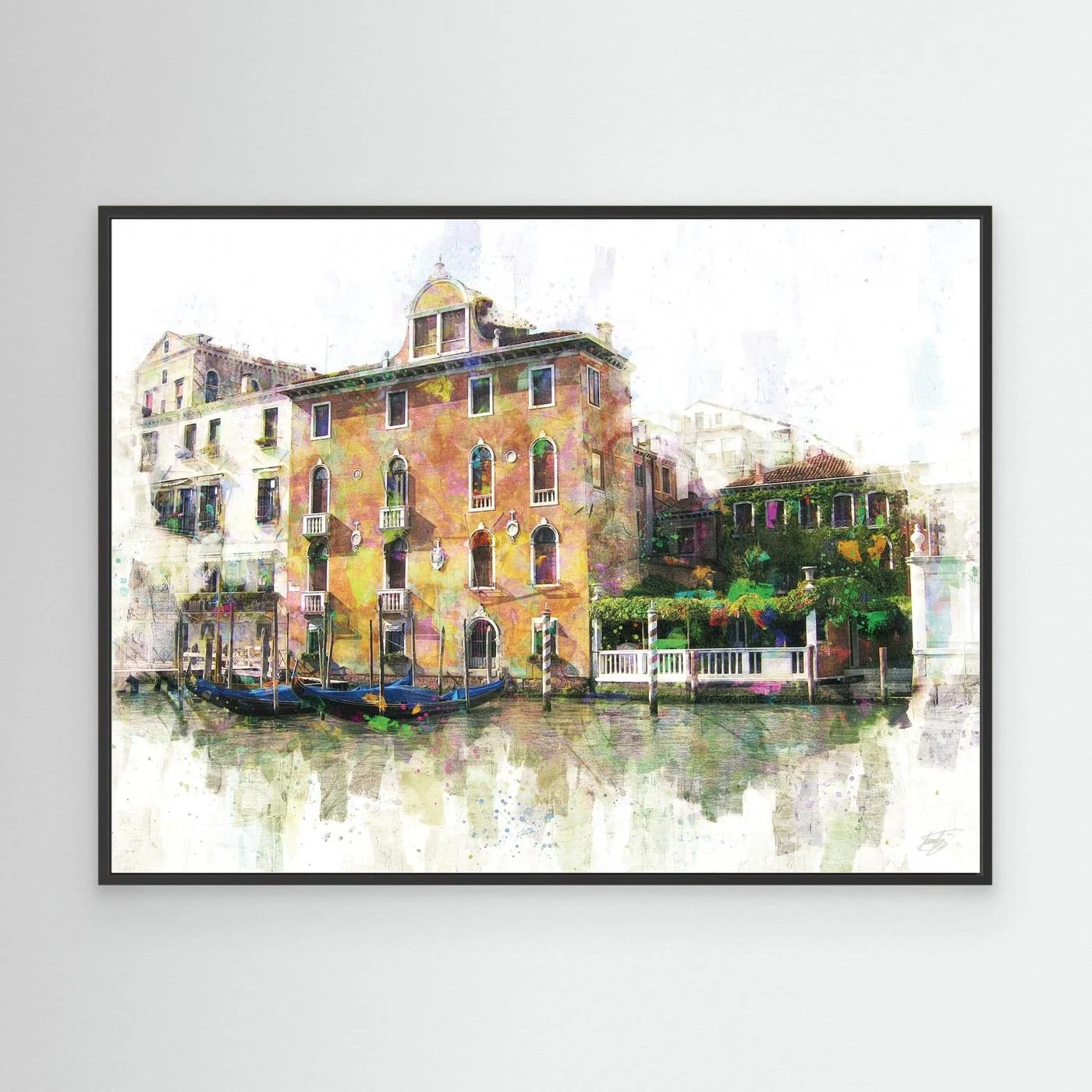 Vibrant fine art print of a classic Venice canal landscape with historic Italian architecture, docked gondolas, and colorful reflections on the water, framed and ready to hang. With black frame