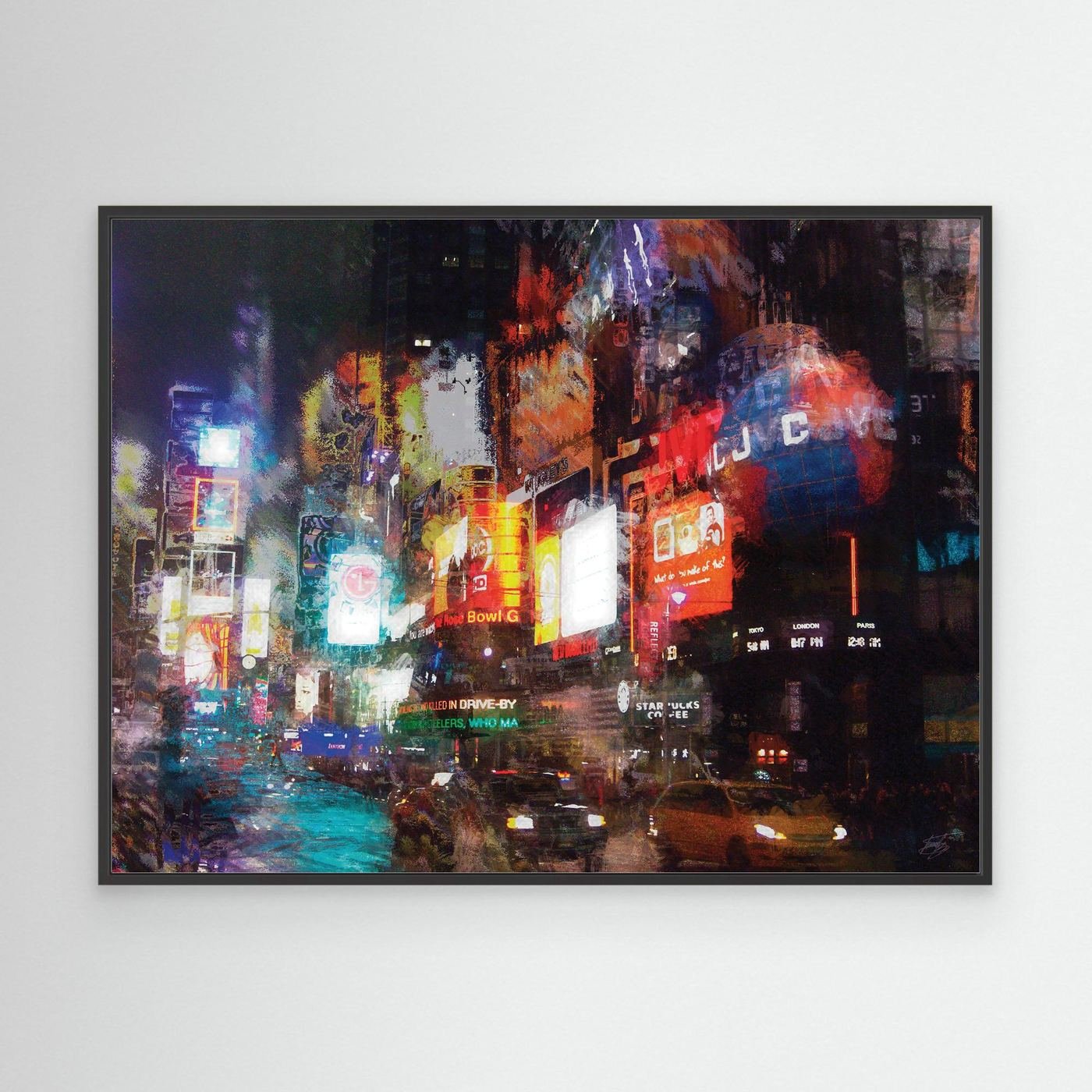 Expressionist art print of a vibrant night landscape of Times Square, with textured illuminated billboards, city traffic, and glowing neon reflections, framed and ready to hang. With black frame