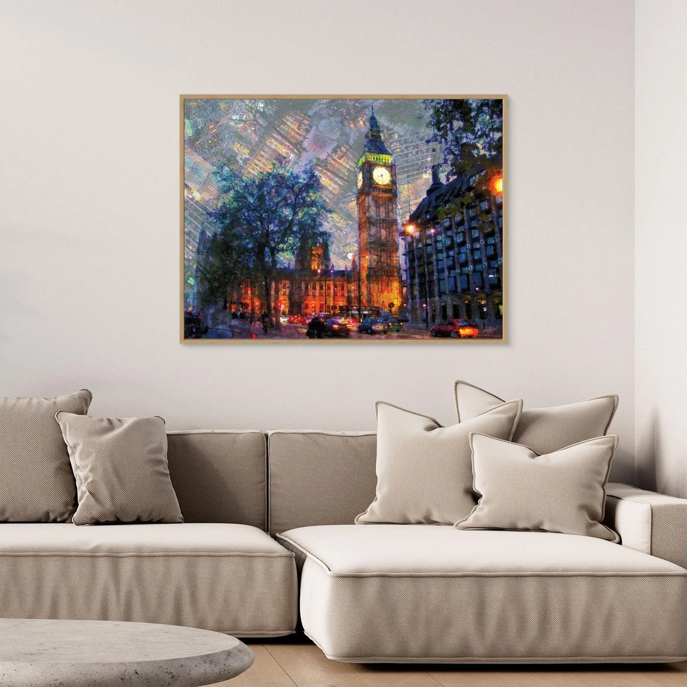 Impressionist fine art print showcasing London's Big Ben illuminated at night with a surreal textured sky featuring inverted city architectural patterns, framed and ready to hang. Over grey couch