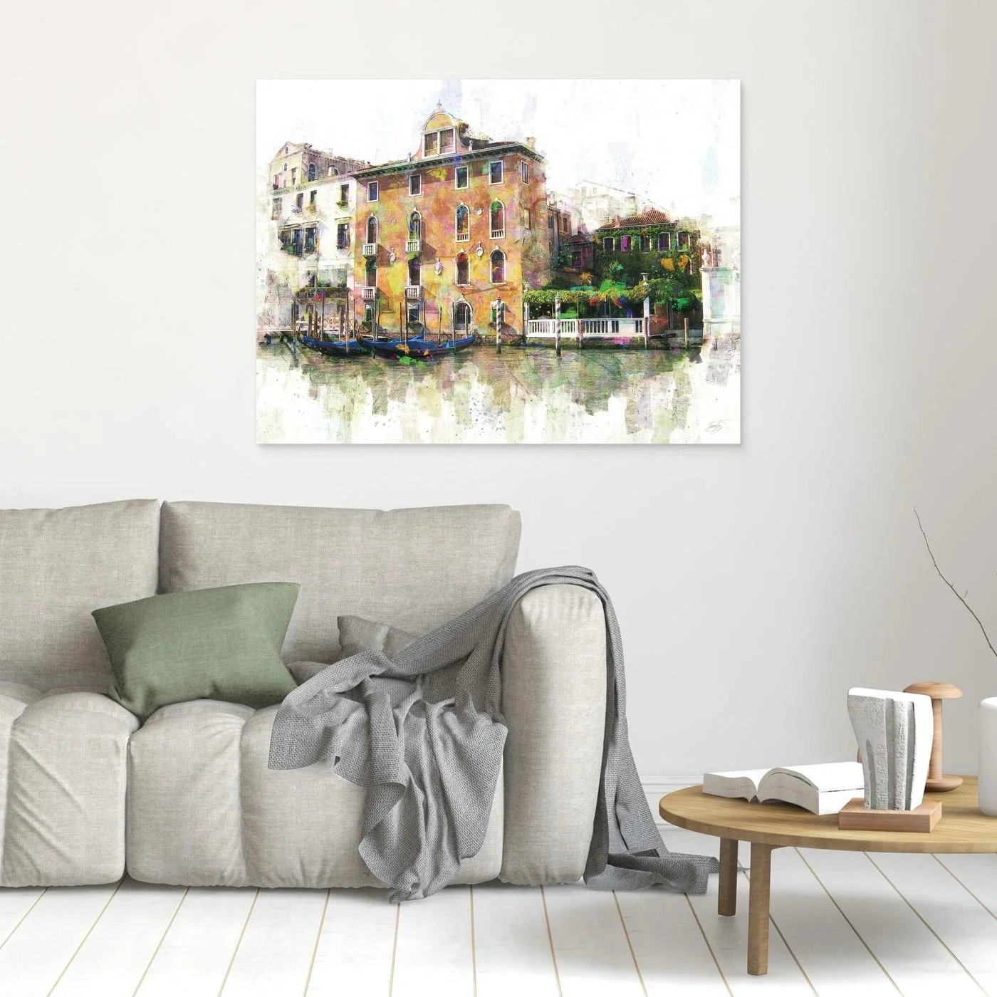 Vibrant fine art print of a classic Venice canal landscape with historic Italian architecture, docked gondolas, and colorful reflections on the water, framed and ready to hang. In living room