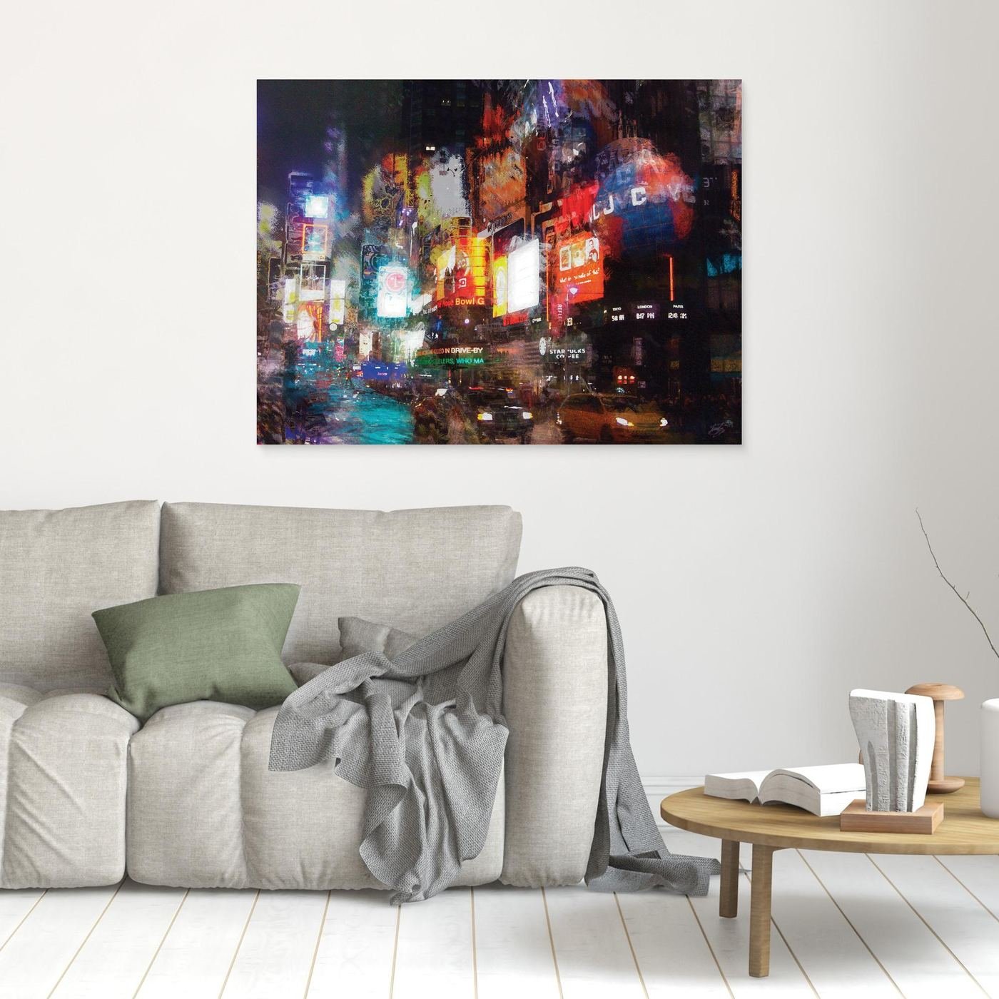 Expressionist art print of a vibrant night landscape of Times Square, with textured illuminated billboards, city traffic, and glowing neon reflections, framed and ready to hang. In living room
