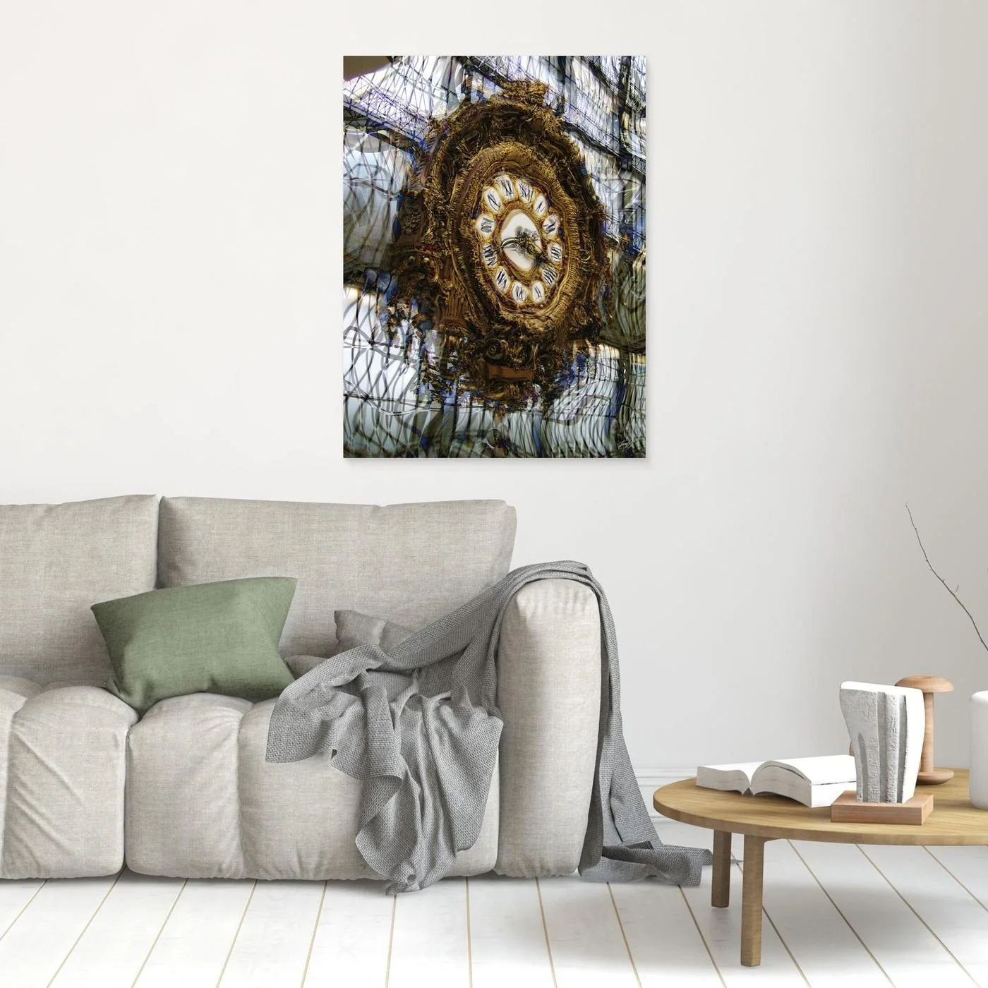 Fine art print of the ornate gold clock from the Musee d'Orsay in Paris, integrated into a complex abstract grid of glass and steel architecture, framed and ready to hang. In living room