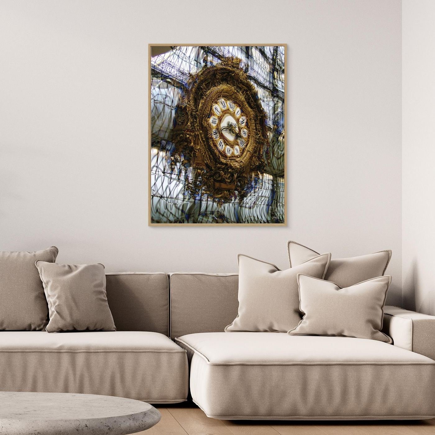 Fine art print of the ornate gold clock from the Musee d'Orsay in Paris, integrated into a complex abstract grid of glass and steel architecture, framed and ready to hang. Over grey couch