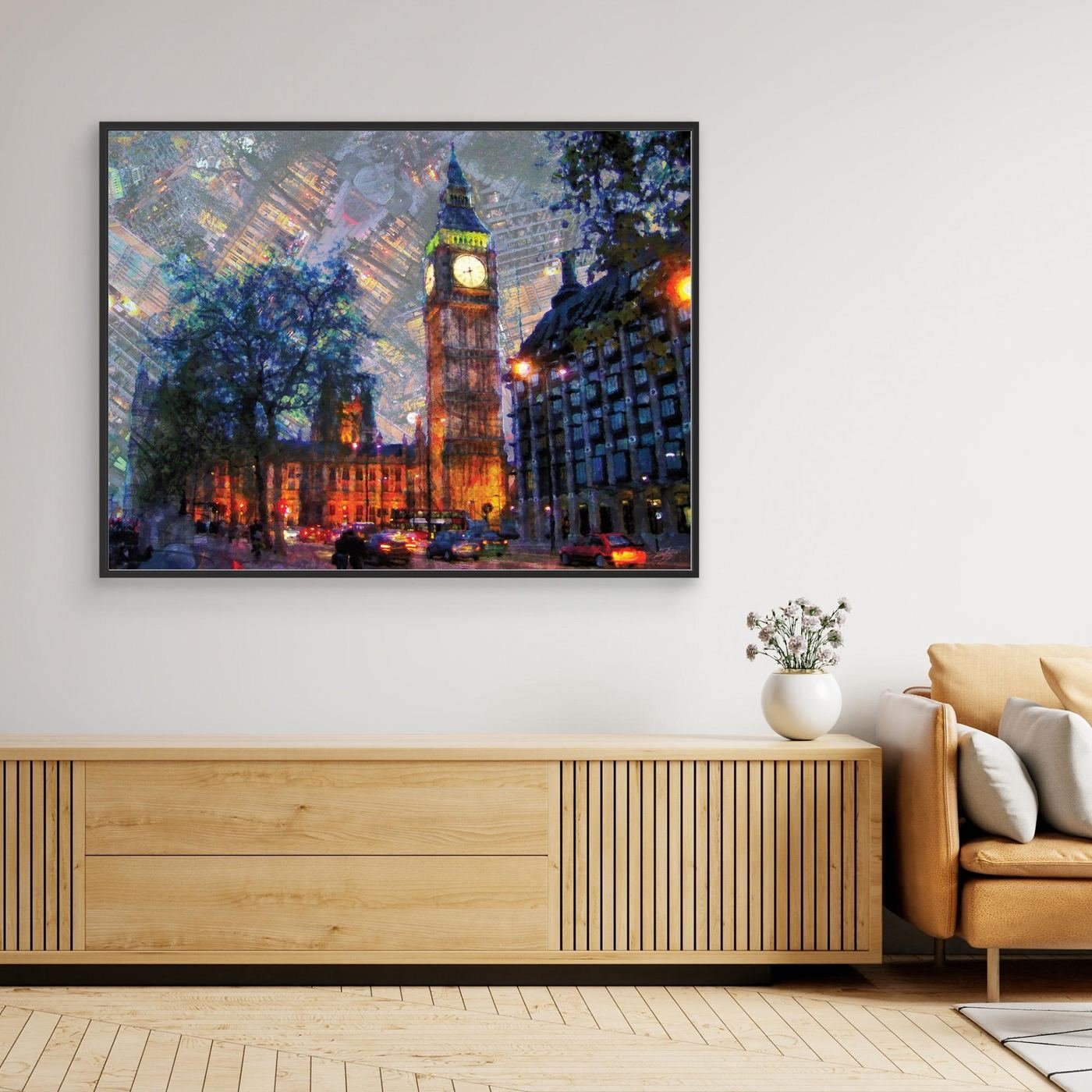 Impressionist fine art print showcasing London's Big Ben illuminated at night with a surreal textured sky featuring inverted city architectural patterns, framed and ready to hang. Over wooden console