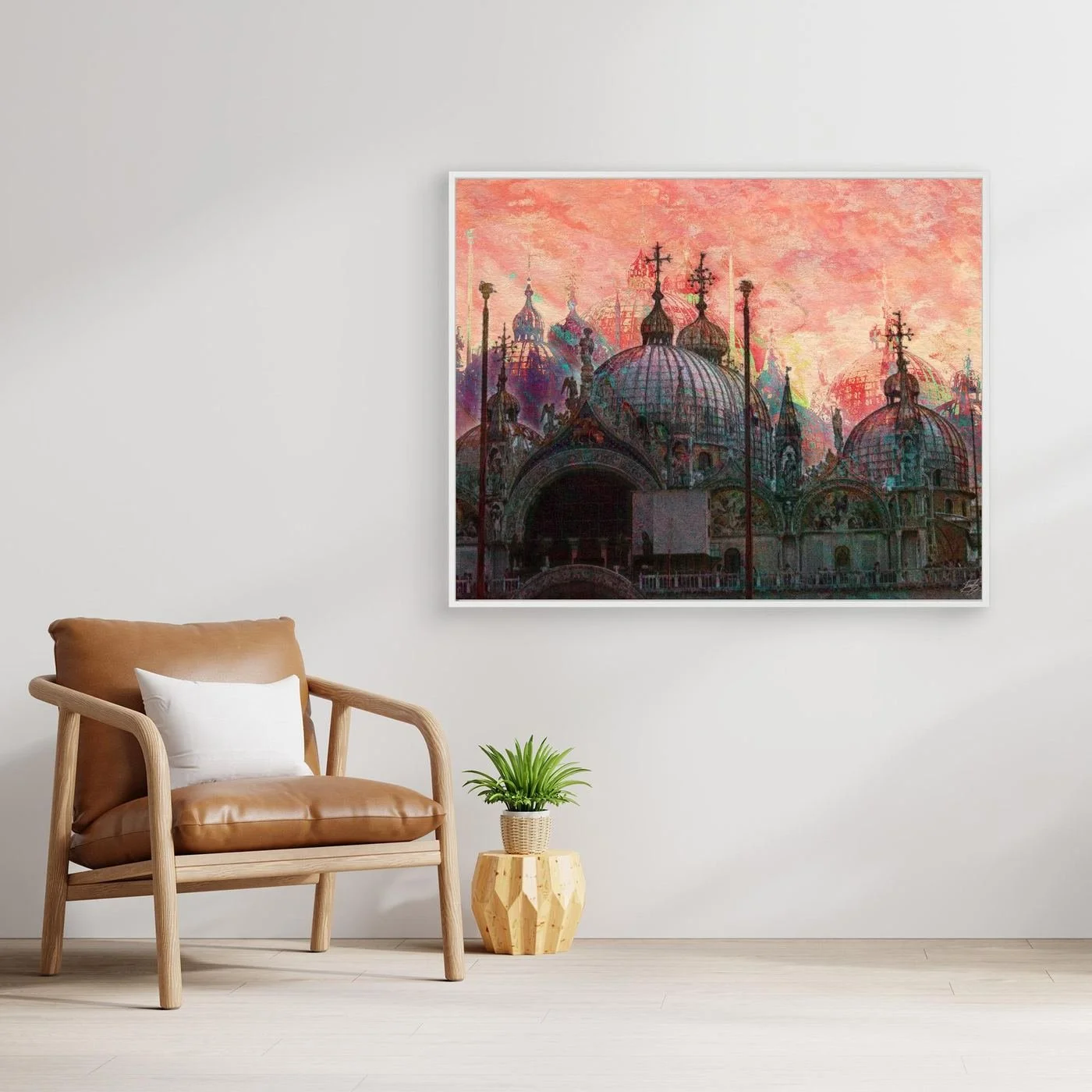 Expressionist digital art print showcasing St. Mark's Basilica in Venice with intricate dome details under a textured pink and coral sky, framed and ready to hang. With chair