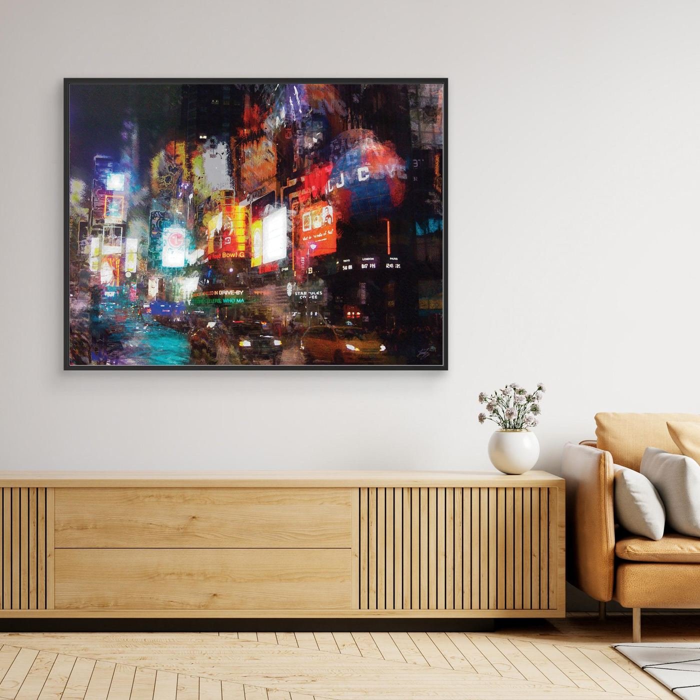 Expressionist art print of a vibrant night landscape of Times Square, with textured illuminated billboards, city traffic, and glowing neon reflections, framed and ready to hang. Over wooden console
