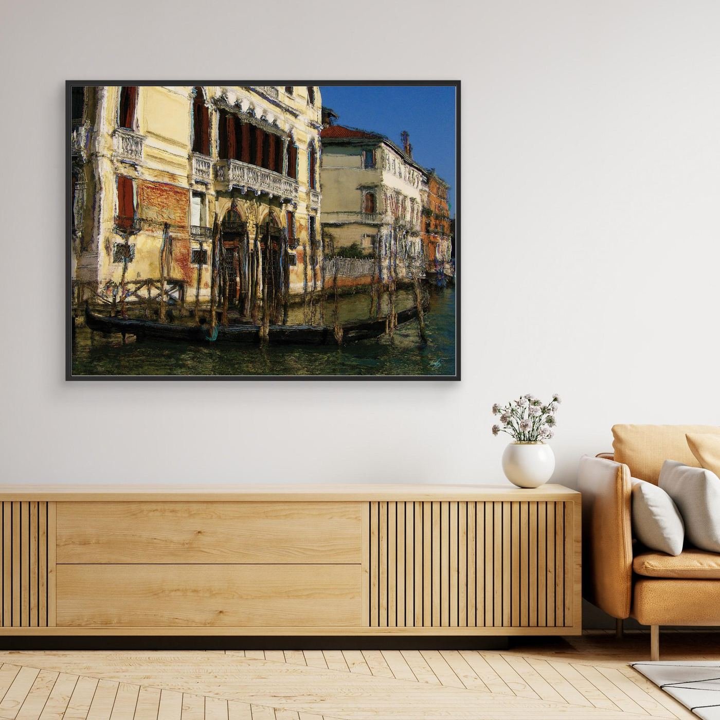 Expressionist fine art print of a historic Venetian palazzo along the Grand Canal with a gondola and textured oil painting brushstrokes, framed and ready to hang. Over wooden console