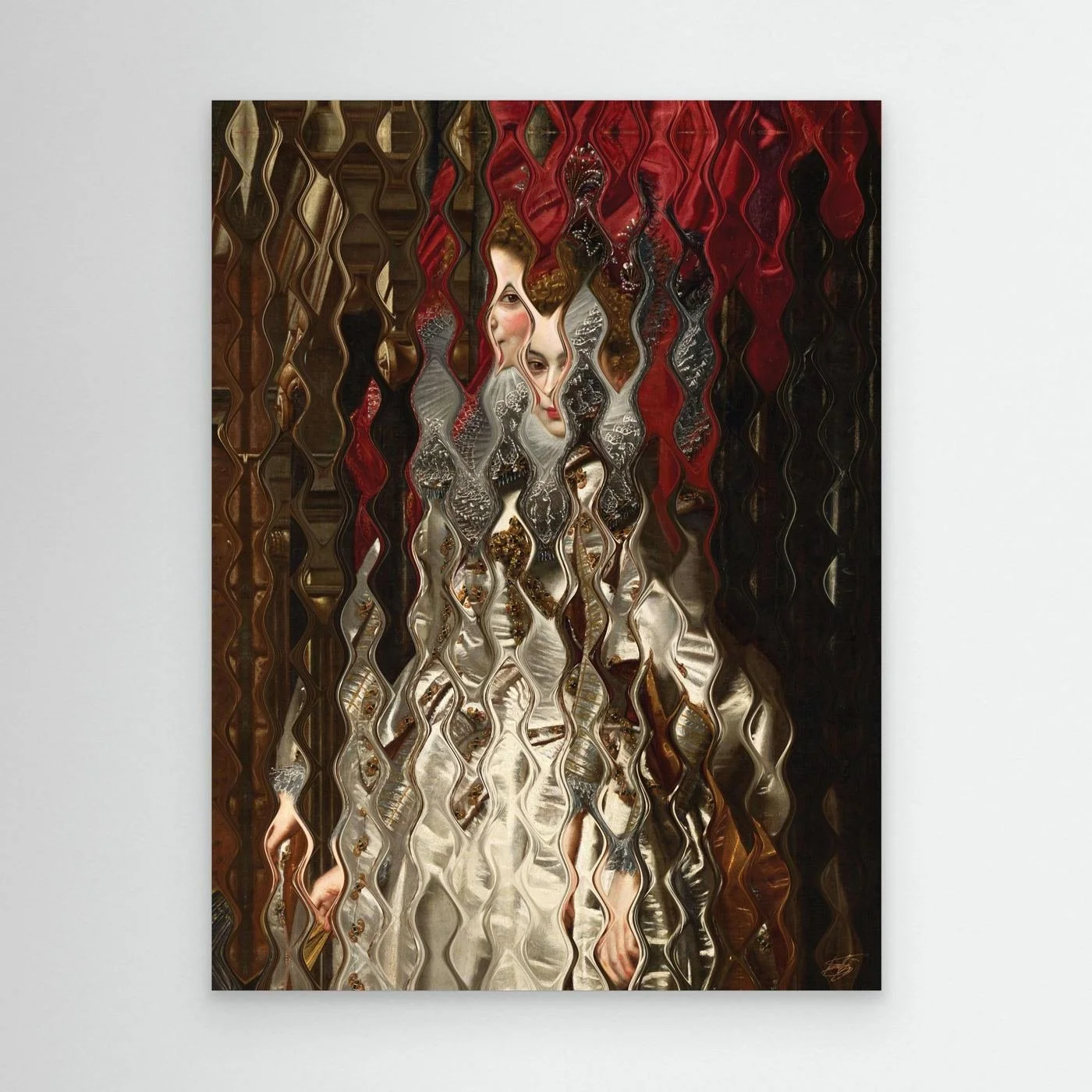 Contemporary fine art print of a Renaissance portrait deconstructed through a vertical wave distortion pattern, featuring a white satin gown and crimson red background, framed and ready to hang.