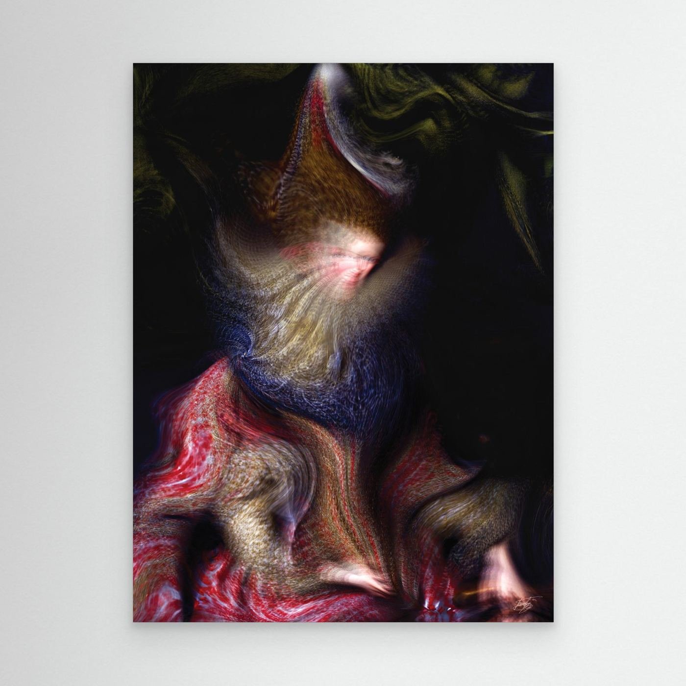 Contemporary fine art print of an abstract and surrealist deconstruction of a classical portrait, in crimson red, old gold, and navy blue, framed and ready to hang.
