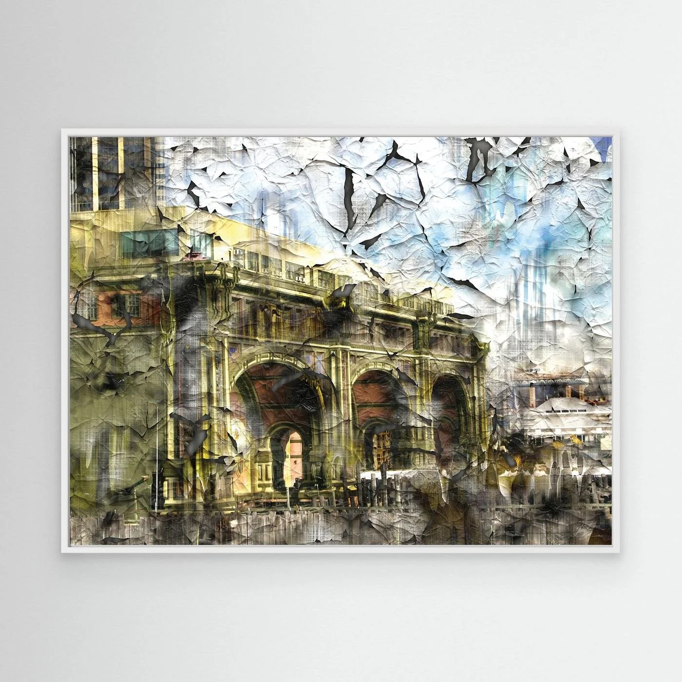 Abstract fine art print showcasing classical building arches with heavy cracked and distressed paint textures in gold, grey, and soft blue tones, framed and ready to hang. With white frame