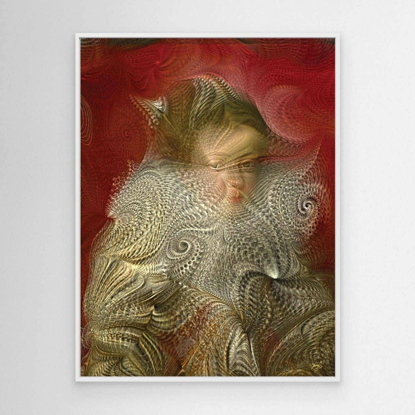 Contemporary fine art print of a deconstructed Renaissance portrait into complex spiral fractal patterns and textures against a crimson red background, framed and ready to hang. With white frame