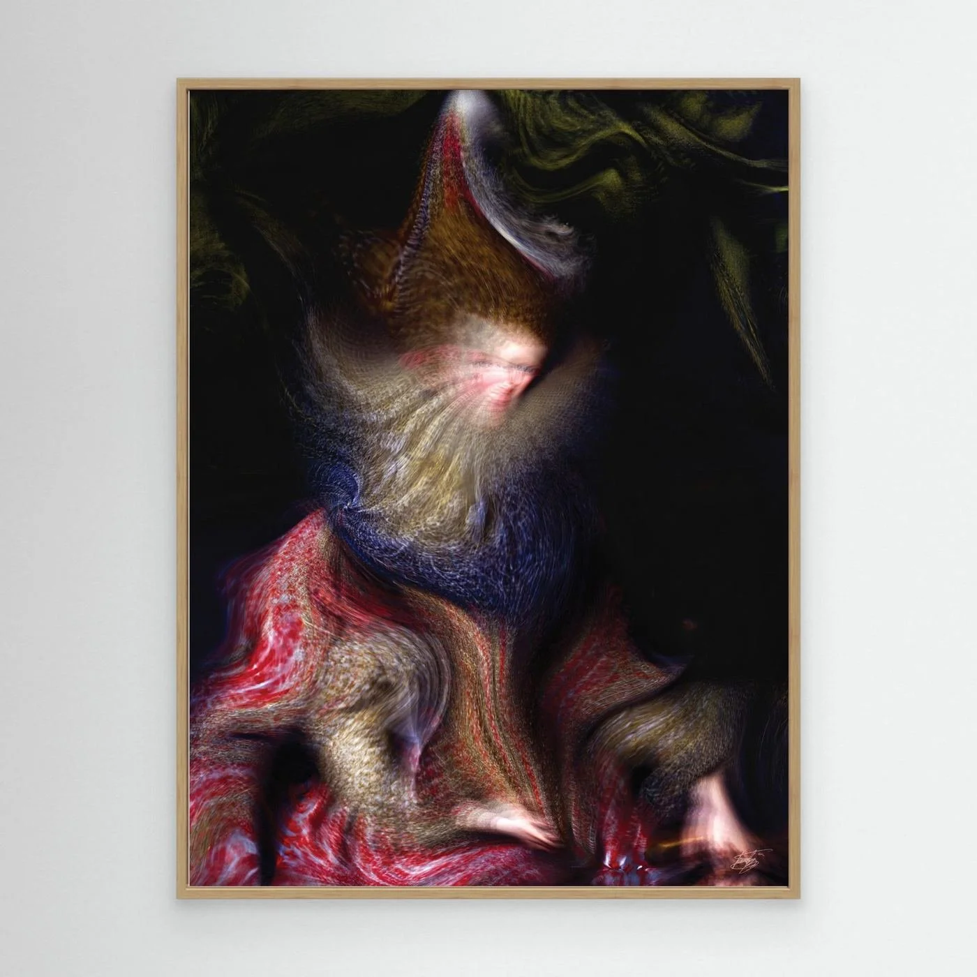 Contemporary fine art print of an abstract and surrealist deconstruction of a classical portrait, in crimson red, old gold, and navy blue, framed and ready to hang. With wooden frame
