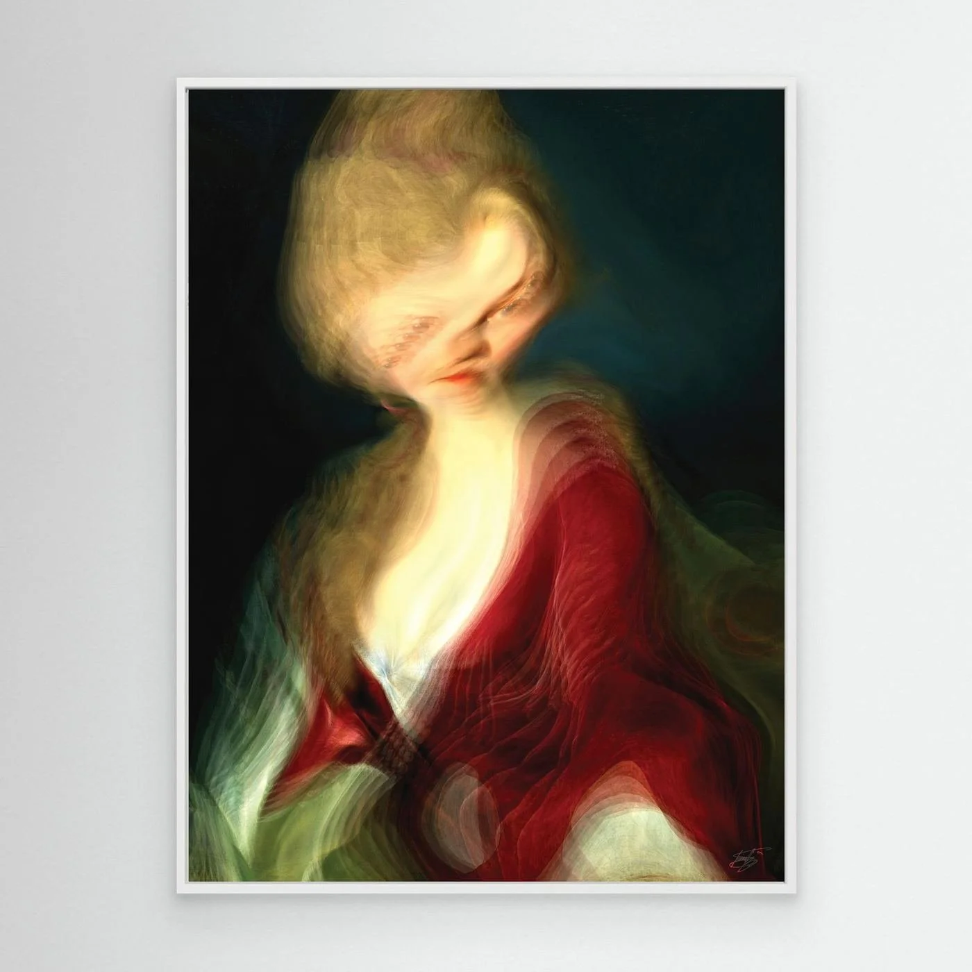 Contemporary fine art print of a surreal liquid deconstruction of a classical portrait with a towering blonde hairstyle and a flowing crimson red gown, framed and ready to hang. With white frame