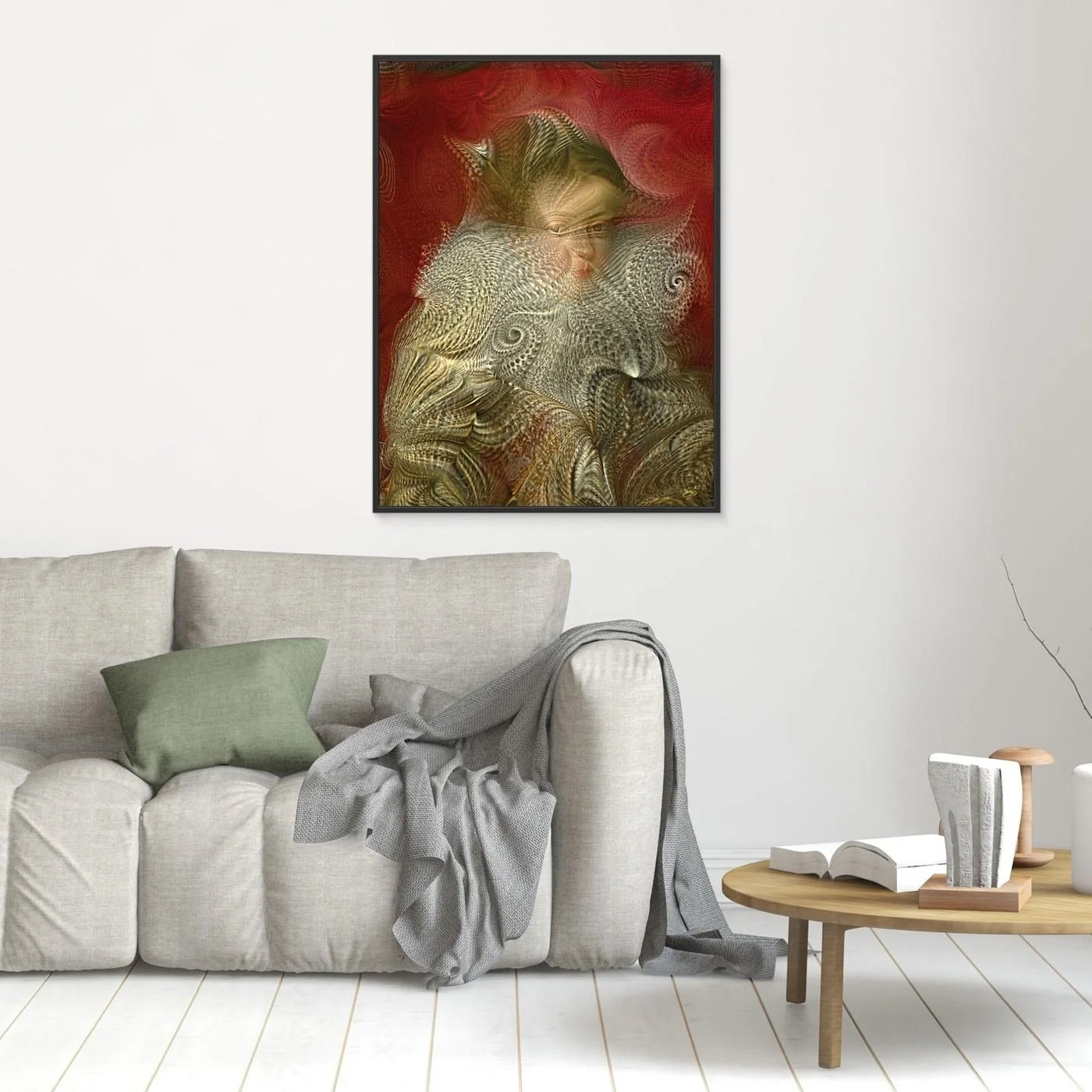 Contemporary fine art print of a deconstructed Renaissance portrait into complex spiral fractal patterns and textures against a crimson red background, framed and ready to hang. In livin room
