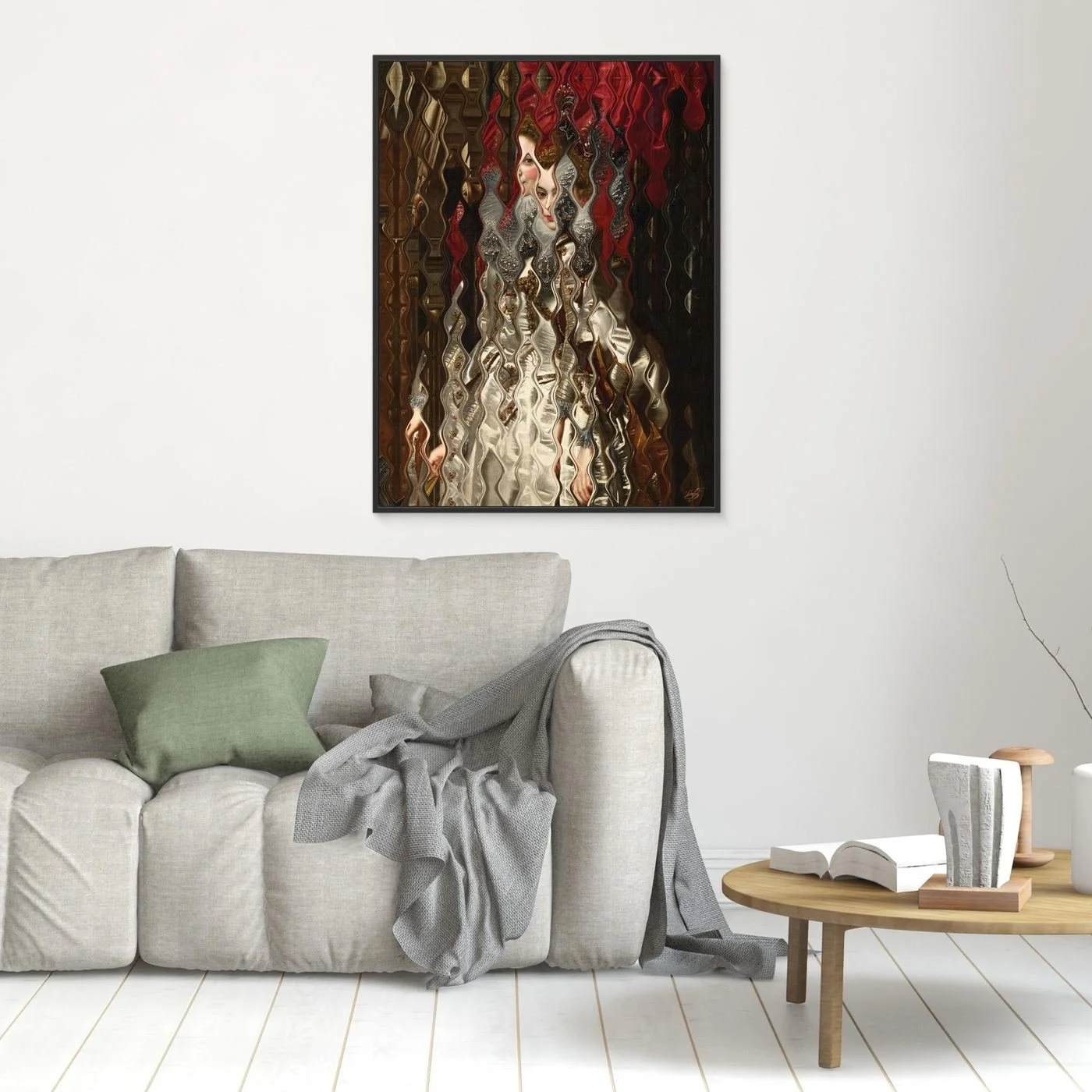 Contemporary art of a Renaissance portrait deconstructed through a wave distortion pattern, a white gown and crimson red background, framed and ready to hang. In living room