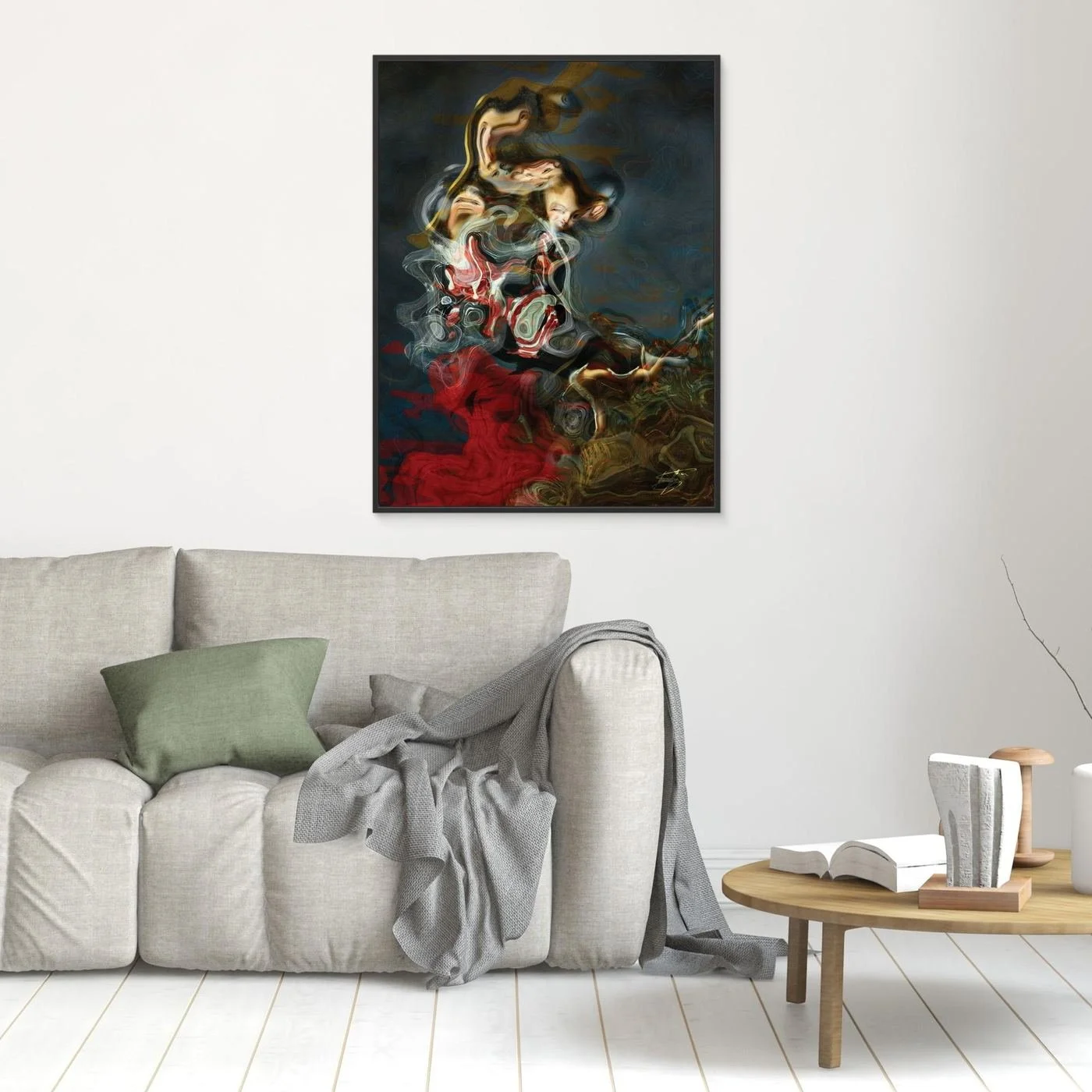 Contemporary fine art print of a surreal, liquid deconstruction of Baroque cherub figures with smoky textures and a crimson red and ocher color palette, framed and ready to hang. In living room