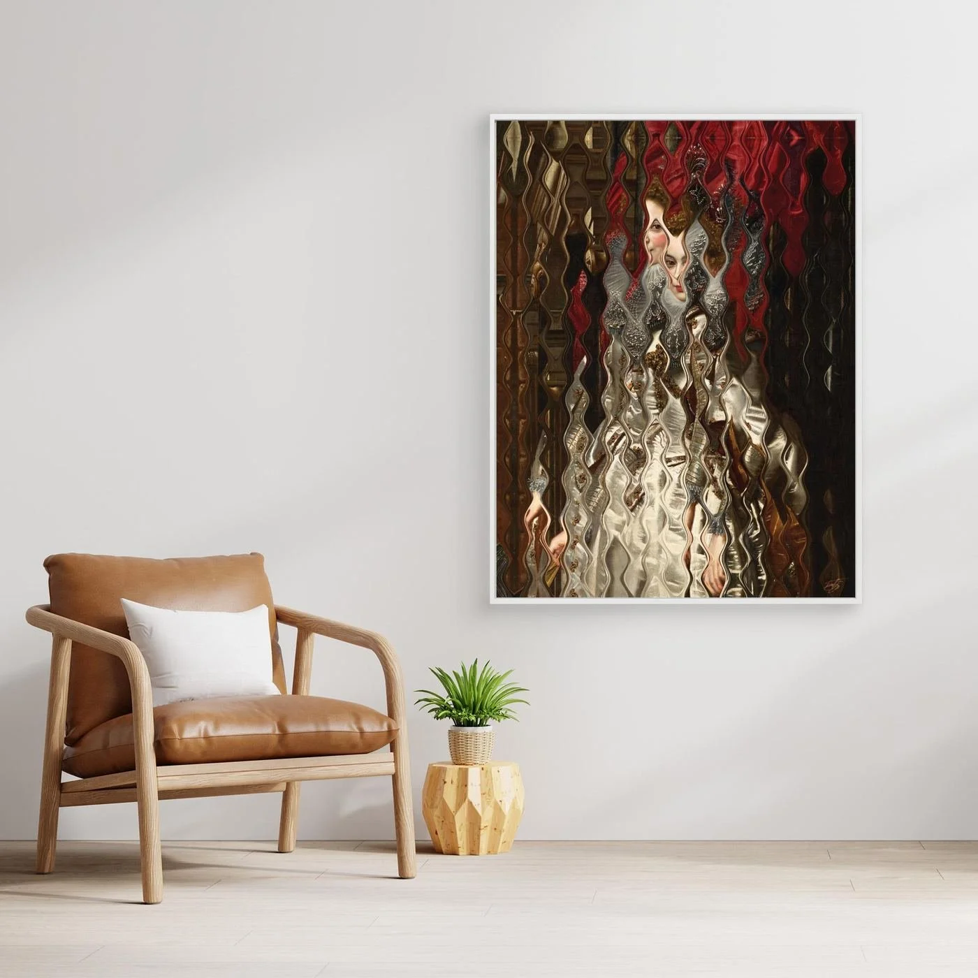 Contemporary art of a Renaissance portrait deconstructed through a wave distortion pattern, a white gown and crimson red background, framed and ready to hang. With chair
