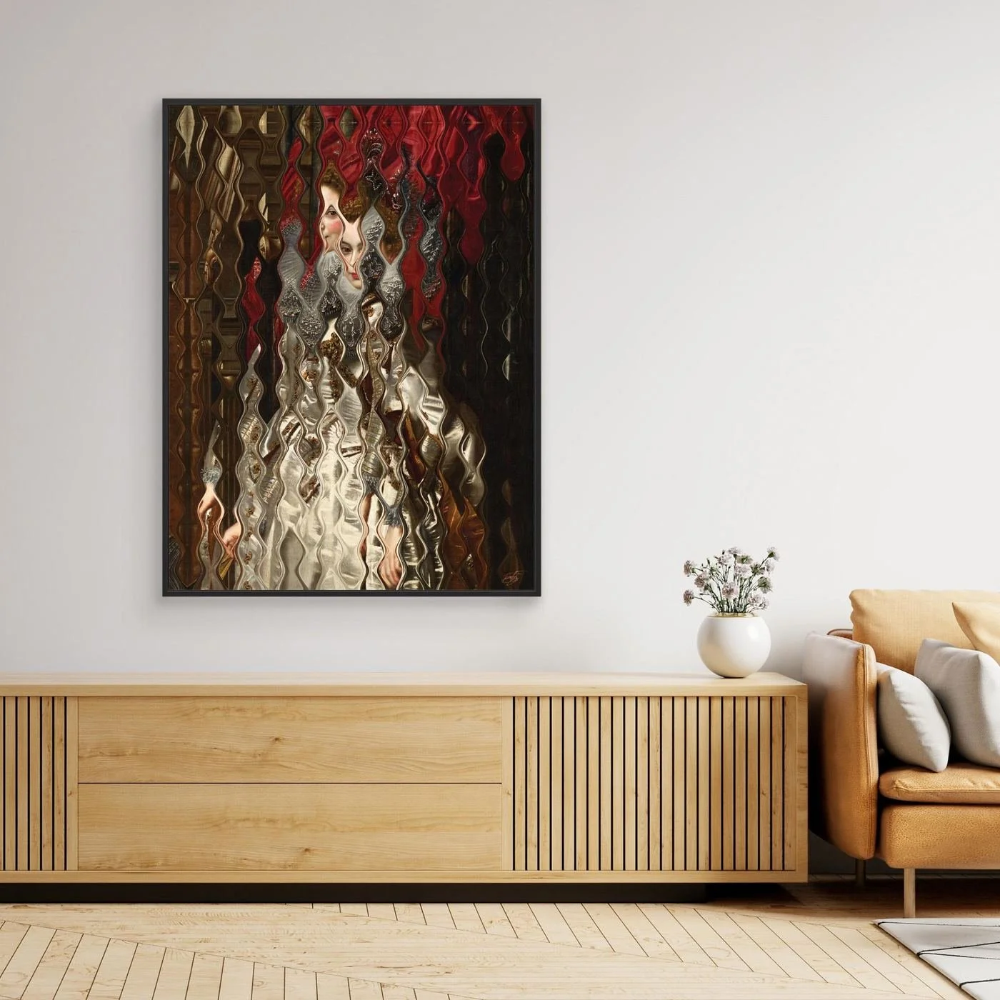 Contemporary art of a Renaissance portrait deconstructed through a wave distortion pattern, a white gown and crimson red background, framed and ready to hang. Over wooden console