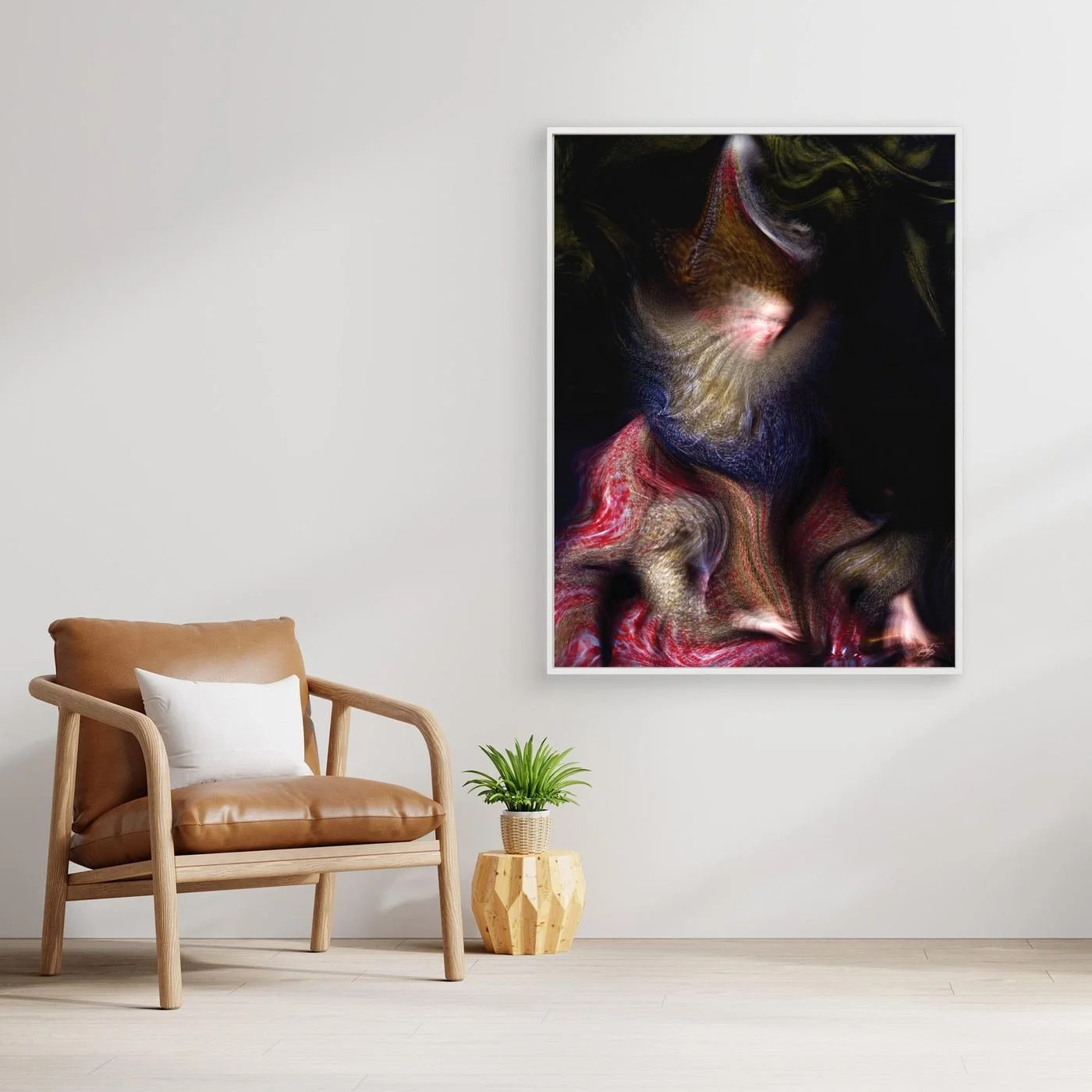 Contemporary fine art print of an abstract and surrealist deconstruction of a classical portrait, in crimson red, old gold, and navy blue, framed and ready to hang. With chair