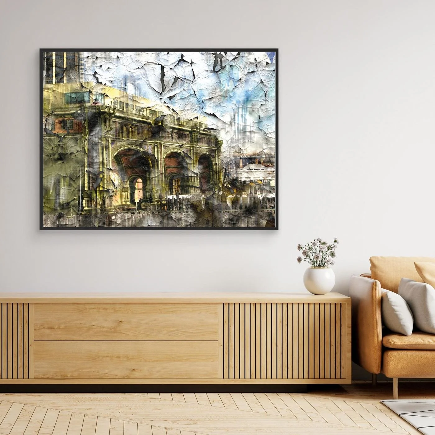 Abstract fine art print showcasing classical building arches with heavy cracked and distressed paint textures in gold, grey, and soft blue tones, framed and ready to hang. Over wooden console