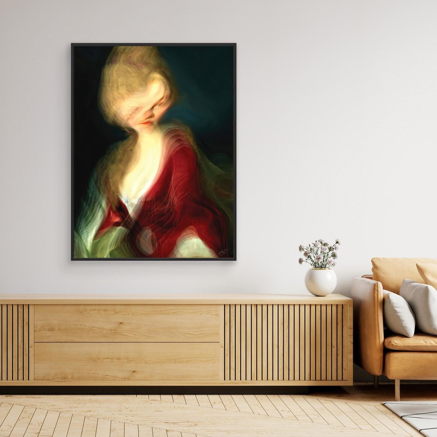 Contemporary fine art print of a surreal liquid deconstruction of a classical portrait with a towering blonde hairstyle and a flowing crimson red gown, framed and ready to hang. Over wooden console