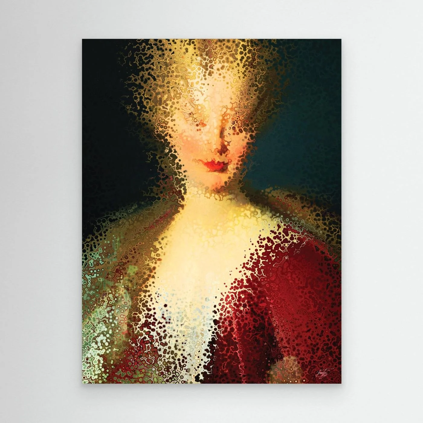 Contemporary fine art print of a deconstructed classical portrait of a woman dissolving into stipple textures in warm gold and deep crimson red, framed and ready to hang.