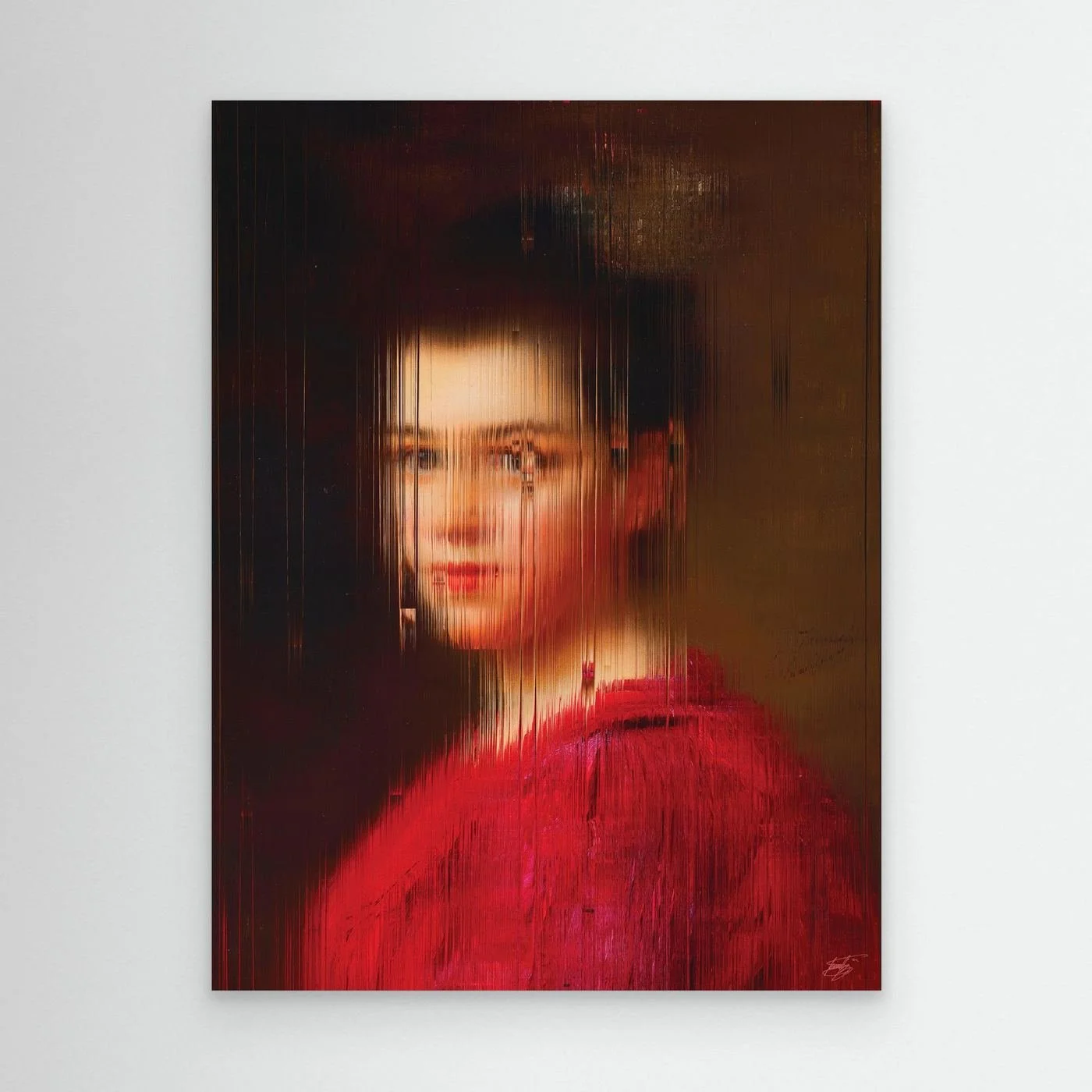 Contemporary fine art print of a classical vintage portrait of a woman in a vibrant red dress, deconstructed through fine vertical digital glitch on dark background, framed and ready to hang.