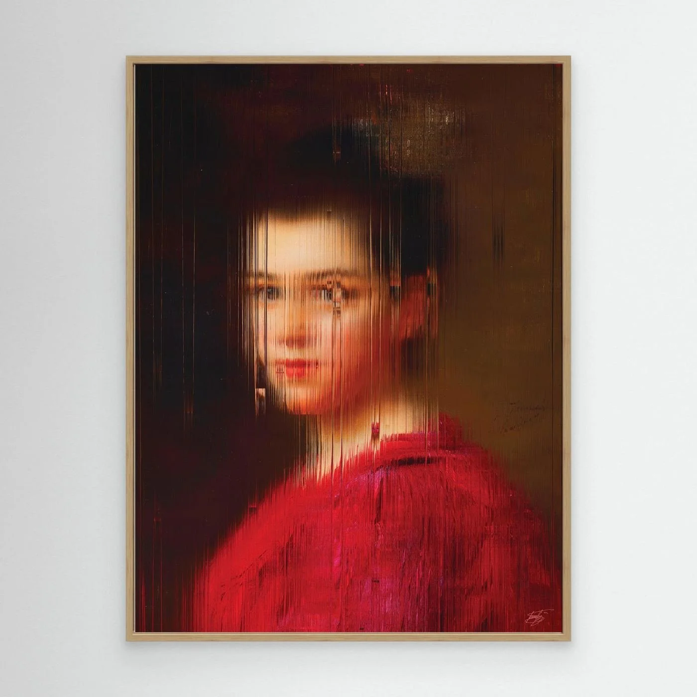 Contemporary fine art print of a classical portrait of a woman in a red dress, deconstructed through fine vertical digital glitch on dark background, framed and ready to hang. With wooden frame