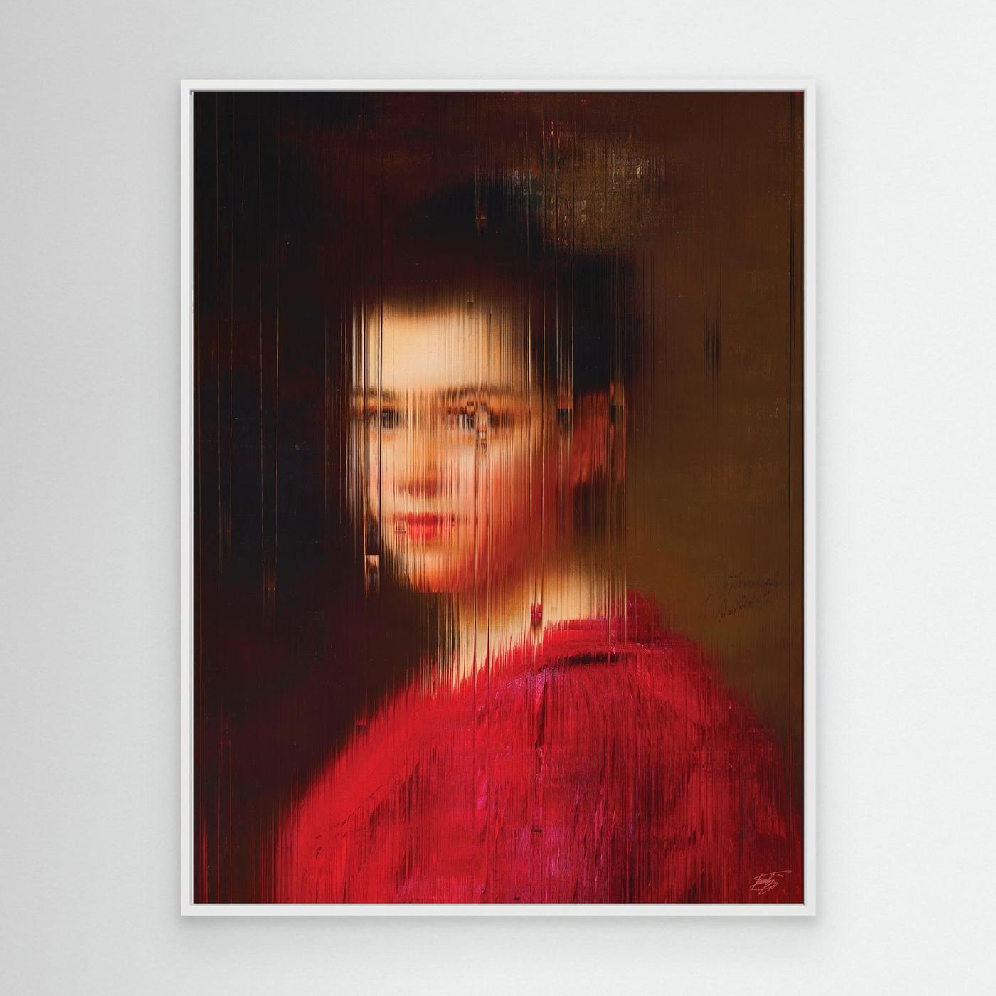 Contemporary fine art print of a classical portrait of a woman in a red dress, deconstructed through fine vertical digital glitch on dark background, framed and ready to hang. With white frame