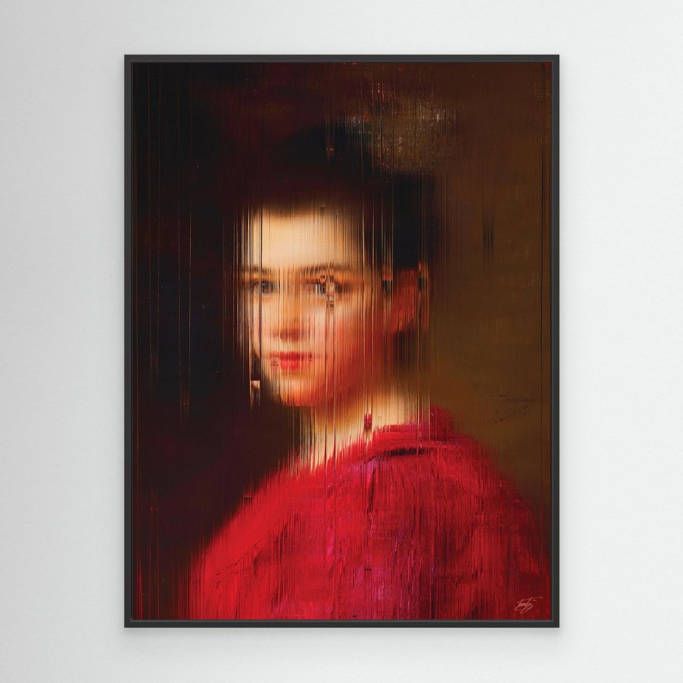 Contemporary fine art print of a classical portrait of a woman in a red dress, deconstructed through fine vertical digital glitch on dark background, framed and ready to hang. With black frame