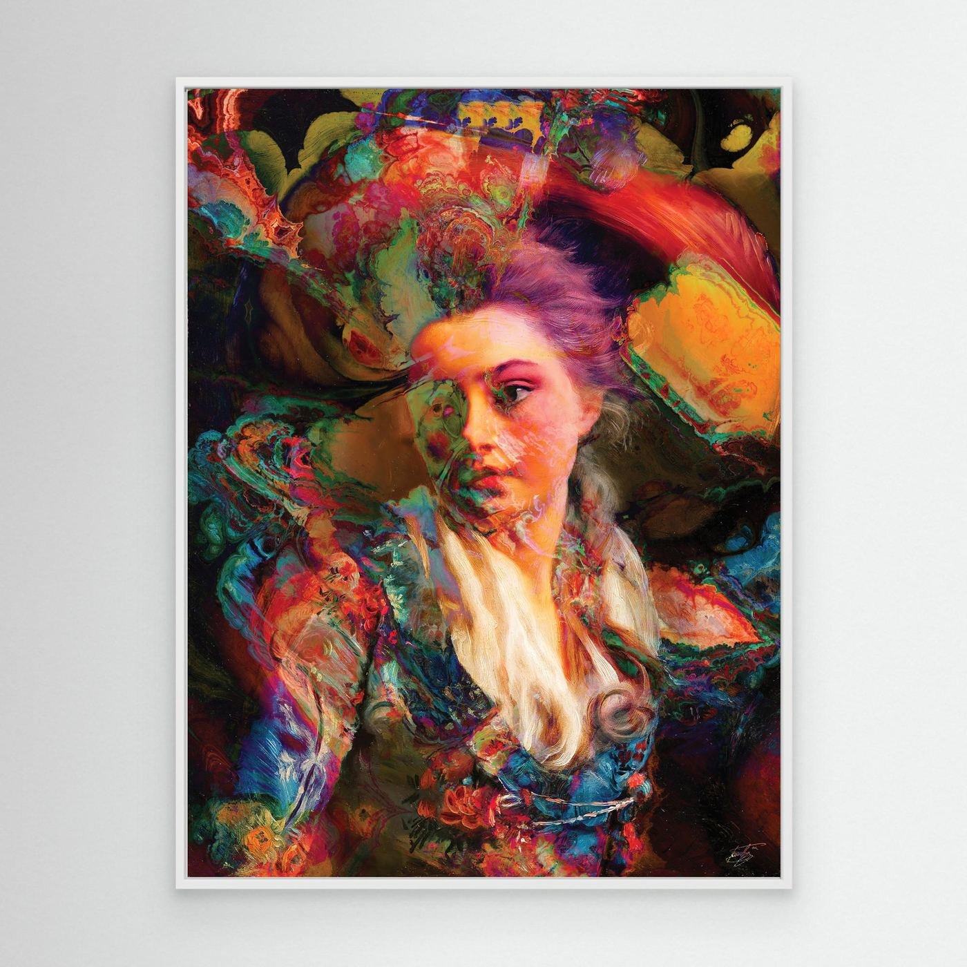 Vibrant fine art print of a surreal classical portrait merged with psychedelic fluid textures in electric blue, magenta, and fiery orange cloud backgrounds, framed and ready to hang. With white frame