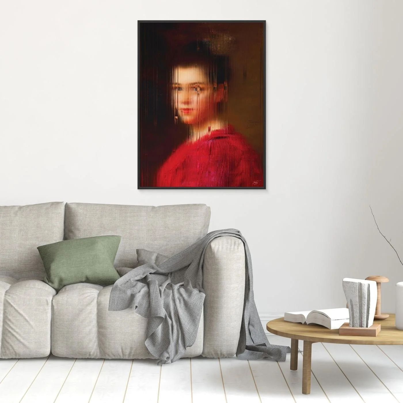 Contemporary fine art print of a classical portrait of a woman in a red dress, deconstructed through fine vertical digital glitch on dark background, framed and ready to hang. In living room