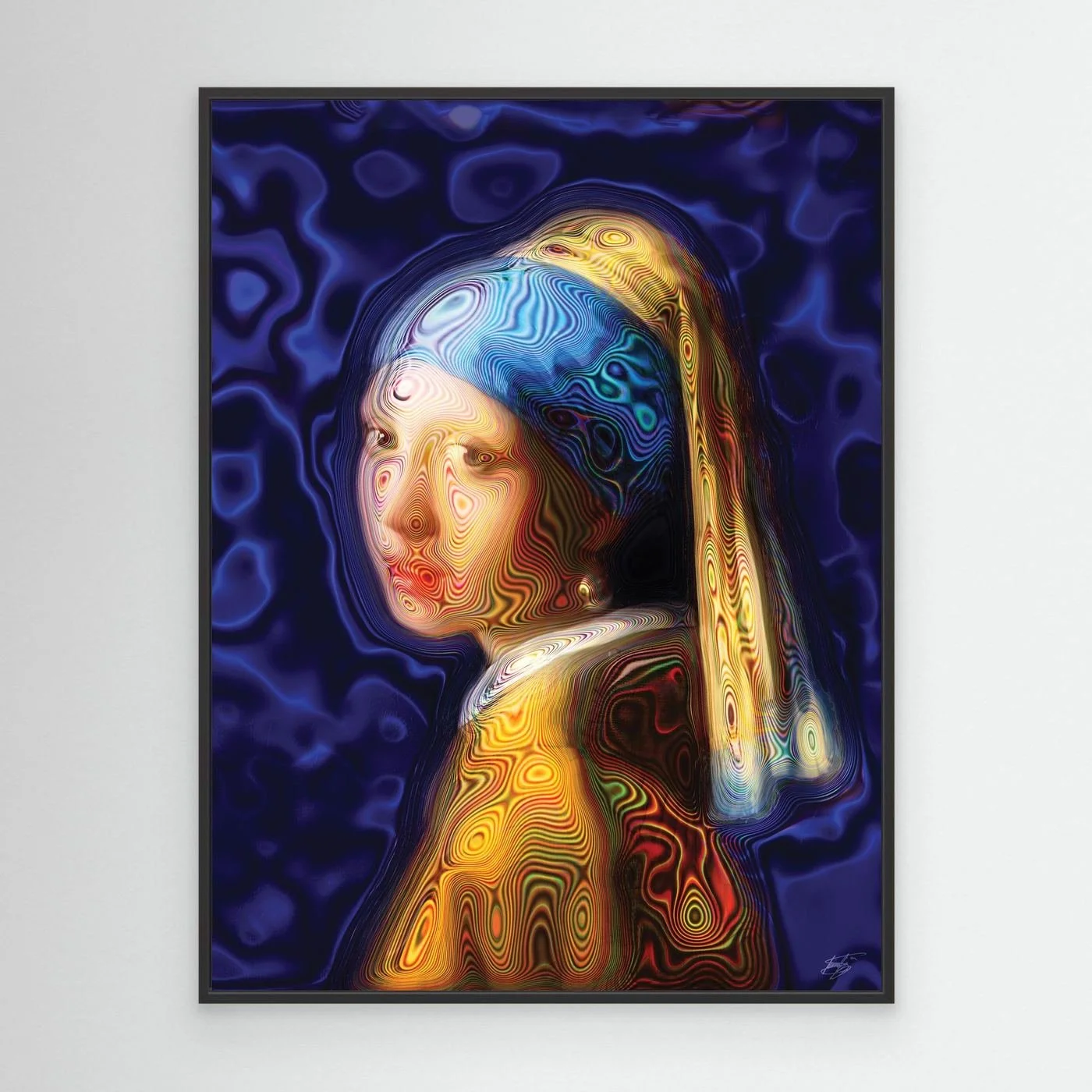 Contemporary fine art print of a psychedelic reinterpretation of Vermeer's Girl with a Pearl Earring, with vibrant blue and gold patterns, framed and ready to hang. With black frame