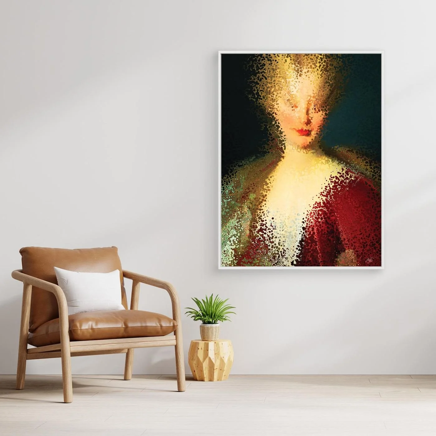 Contemporary fine art print of a deconstructed classical portrait of a woman dissolving into stipple textures in warm gold and deep crimson red, framed and ready to hang. With chair