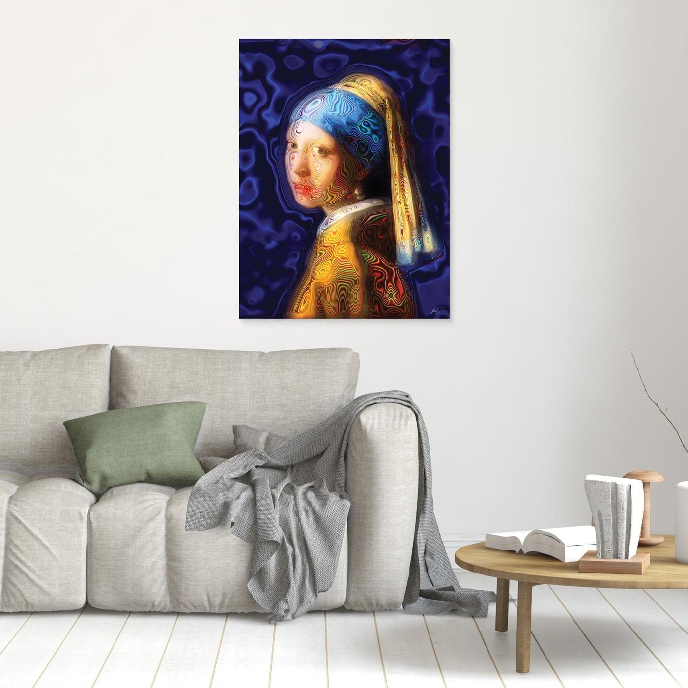 Contemporary fine art print of a psychedelic reinterpretation of Vermeer's Girl with a Pearl Earring, with vibrant blue and gold patterns, framed and ready to hang. In living room