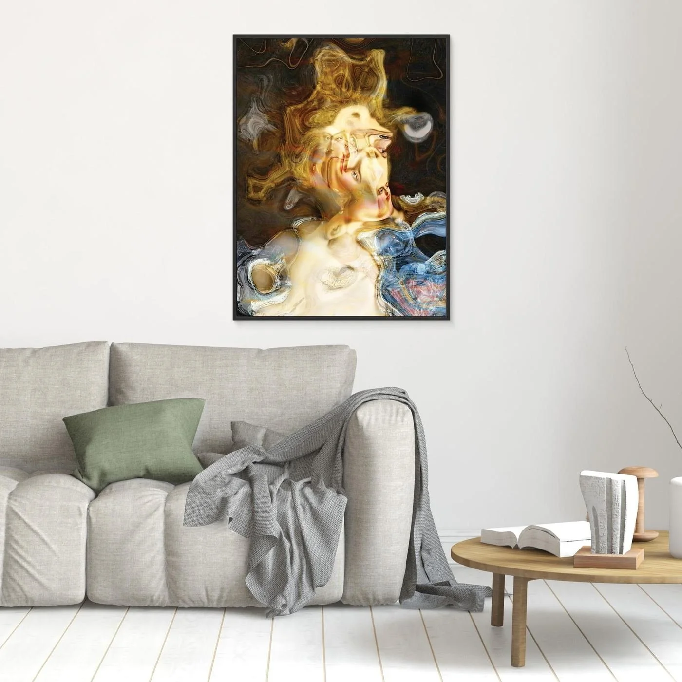 Contemporary fine art print of a surreal liquid deconstruction of classical Renaissance faces melting into swirling golden marble textures, framed and ready to hang. In living room