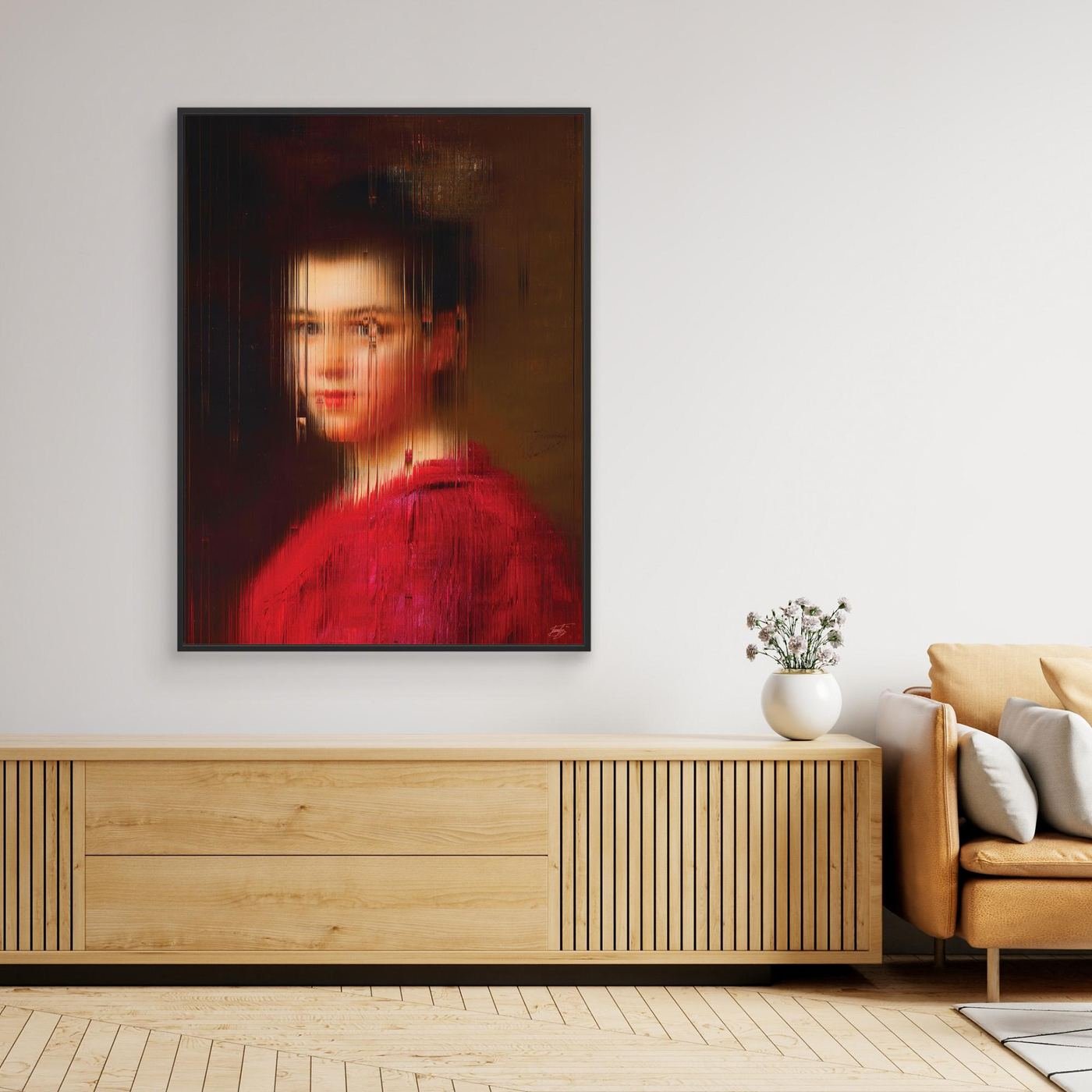 Contemporary fine art print of a classical portrait of a woman in a red dress, deconstructed through fine vertical digital glitch on dark background, framed and ready to hang. Over wooden console