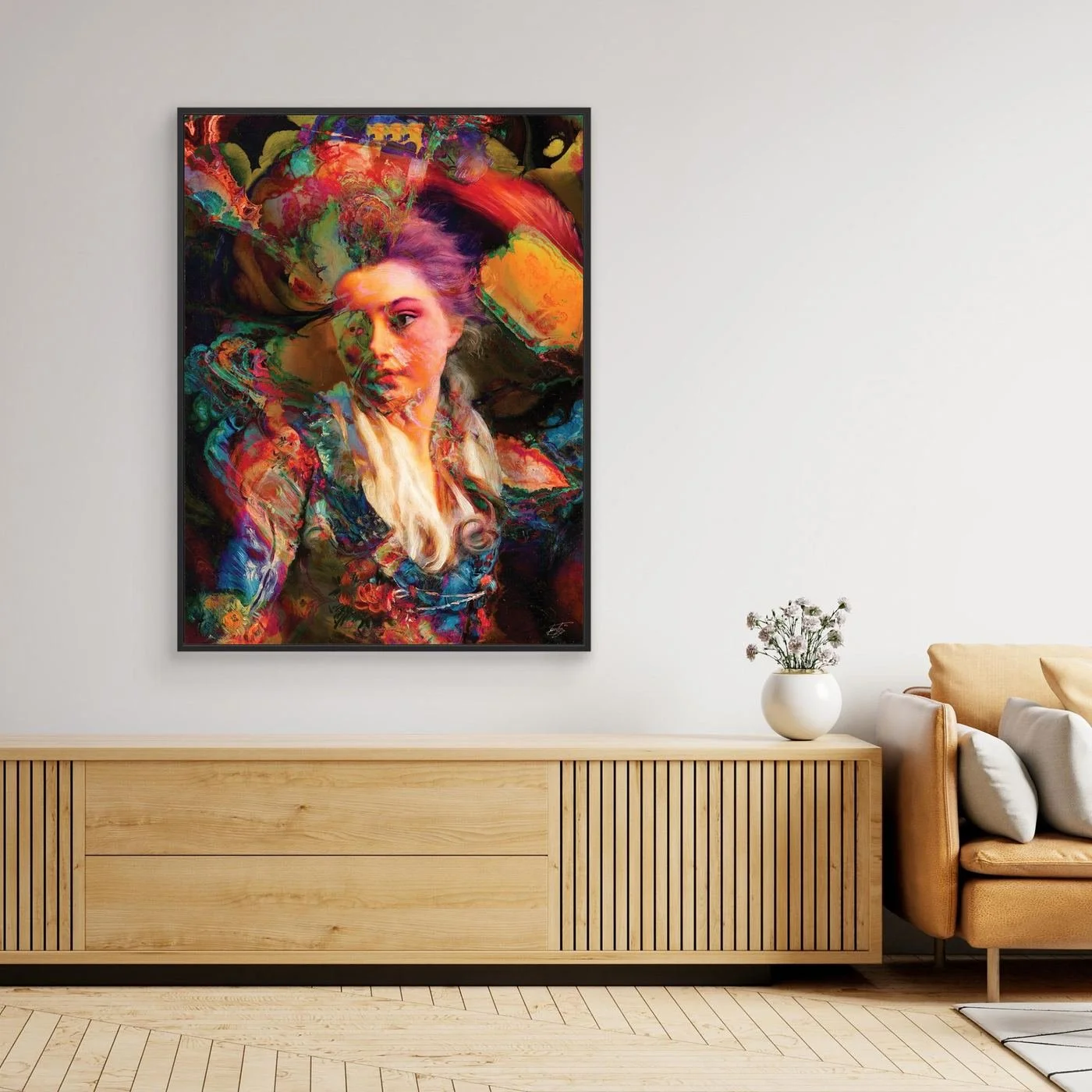 Vibrant fine art print of a surreal classical portrait merged with psychedelic fluid textures in electric blue, magenta, and fiery orange cloud backgrounds, framed and ready to hang. Over console