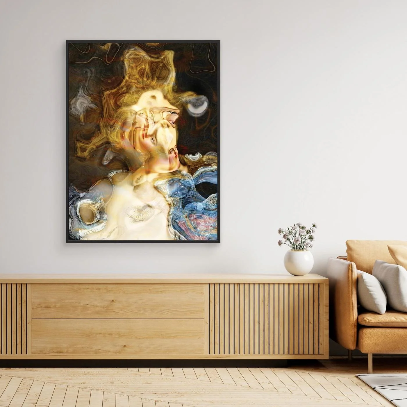 Contemporary fine art print of a surreal liquid deconstruction of classical Renaissance faces melting into swirling golden marble textures, framed and ready to hang. Over wooden console