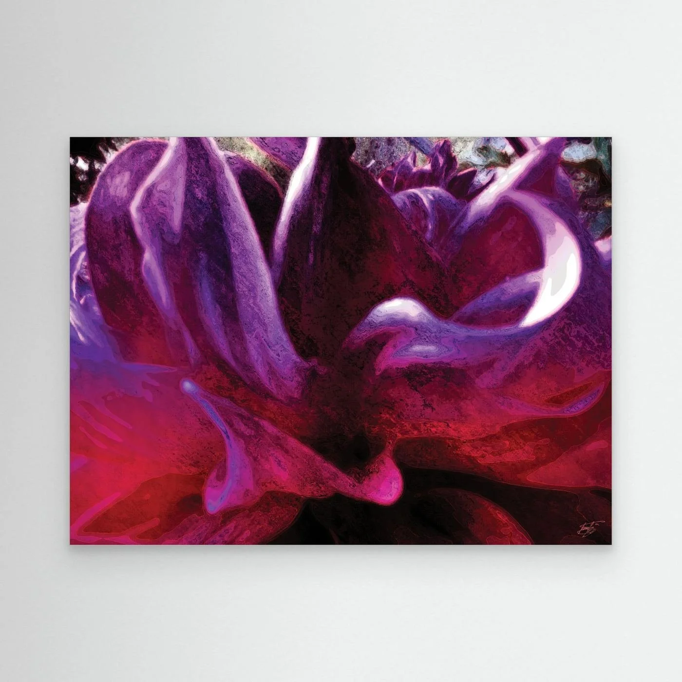 Abstract fine art print showcasing a close-up of dramatic fluid floral shapes and textures in rich purple, violet, and deep magenta tones, framed and ready to hang.