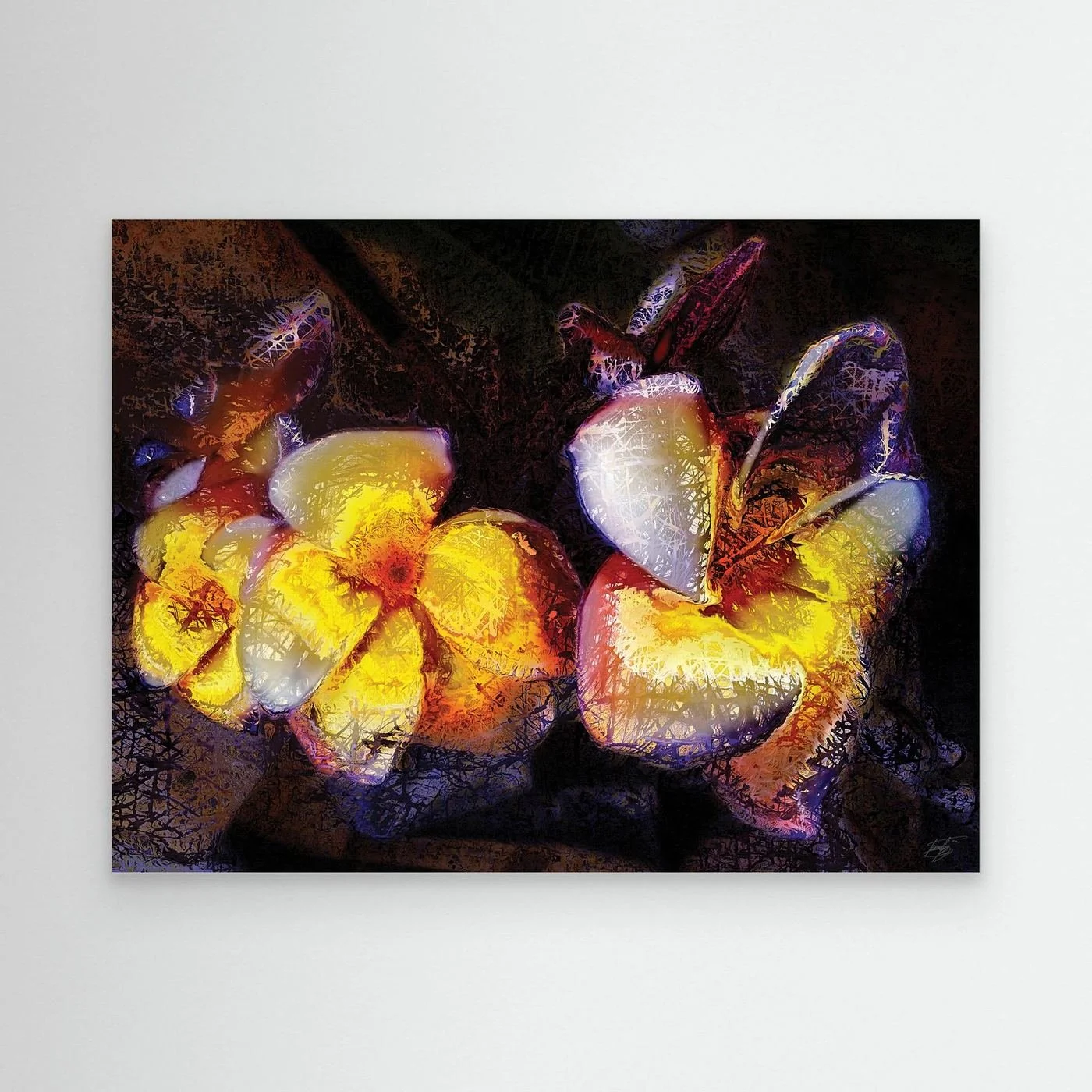 Abstract fine art print featuring textured glowing frangipani plumeria flowers in yellow and orange tones against a dark, moody background, framed and ready to hang.