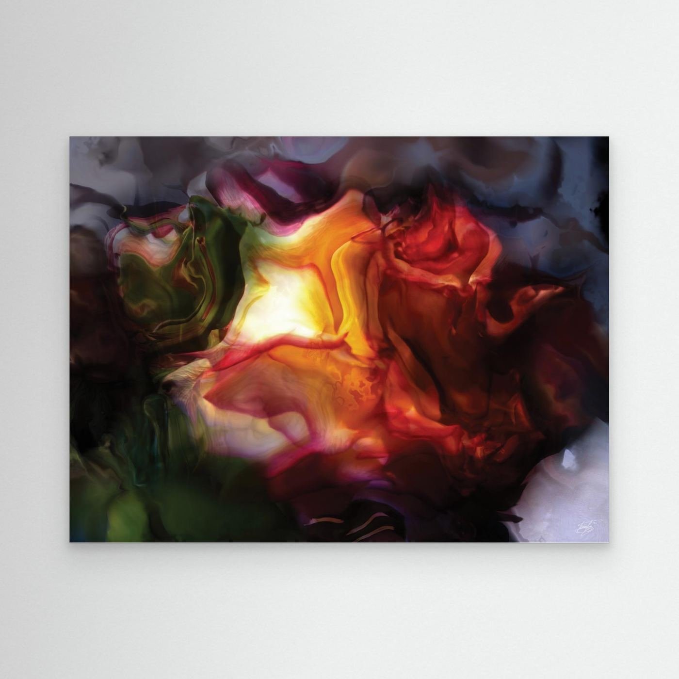 Moody abstract fine art print with a glowing translucent floral shape in fiery orange, deep red, and dark green tones surrounded by smoky textures, framed and ready to hang.