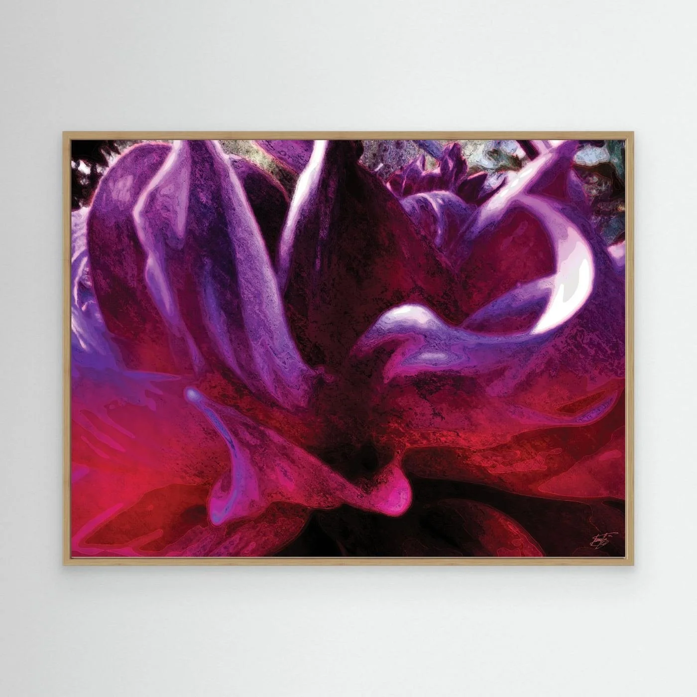 Abstract fine art print showcasing a close-up of dramatic fluid floral shapes and textures in rich purple, violet, and deep magenta tones, framed and ready to hang. With wooden frame