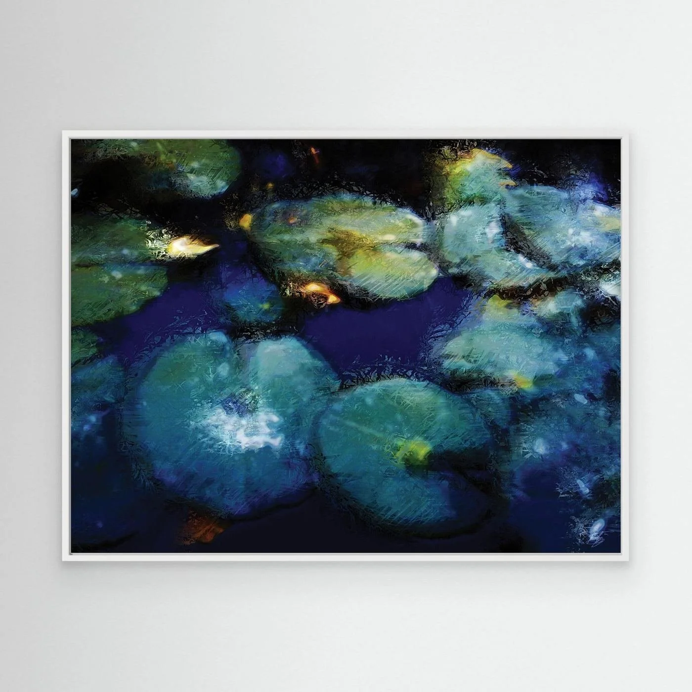 Abstract fine art print evoking a serene pond with lily pads in deep blue, teal, and green tones with impressionistic light textures, framed and ready to hang. With white frame