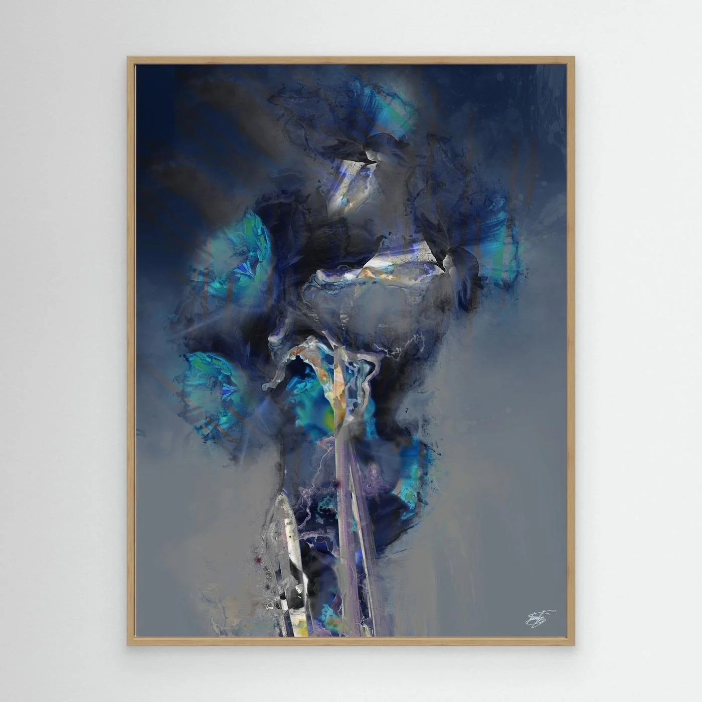 Moody abstract fine art print showcasing ethereal translucent flowers in deep navy blue, teal, and glowing turquoise tones over a smoky gray background, framed and ready to hang. With wooden frame
