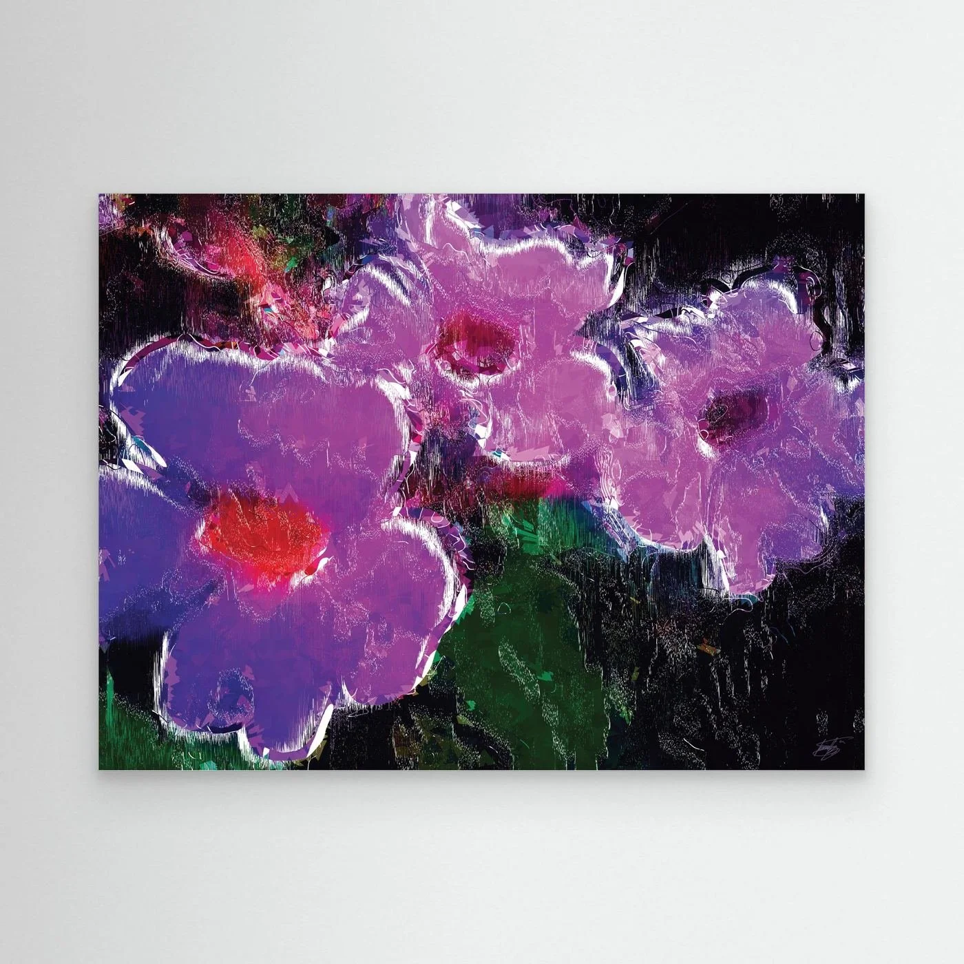 Abstract fine art print showcasing vibrant violet and lavender flowers with digital glitch textures against a dark moody background, framed and ready to hang.