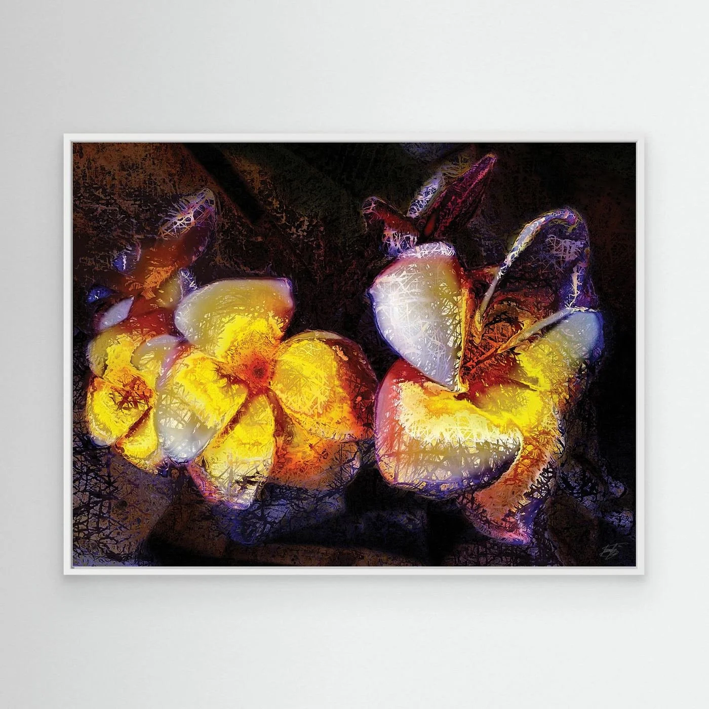 Abstract fine art print featuring textured glowing frangipani plumeria flowers in yellow and orange tones against a dark, moody background, framed and ready to hang. With white frame