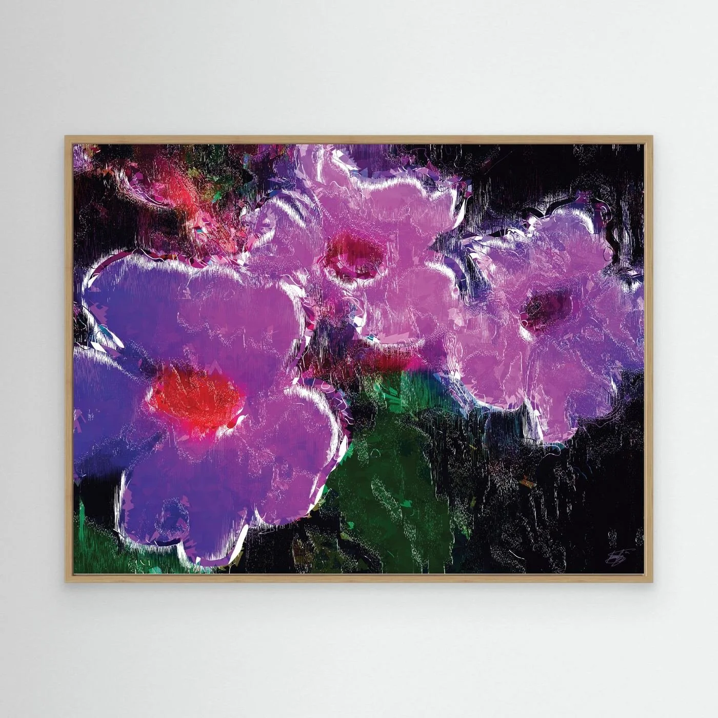 Abstract fine art print showcasing vibrant violet and lavender flowers with digital glitch textures against a dark moody background, framed and ready to hang. With wooden frame