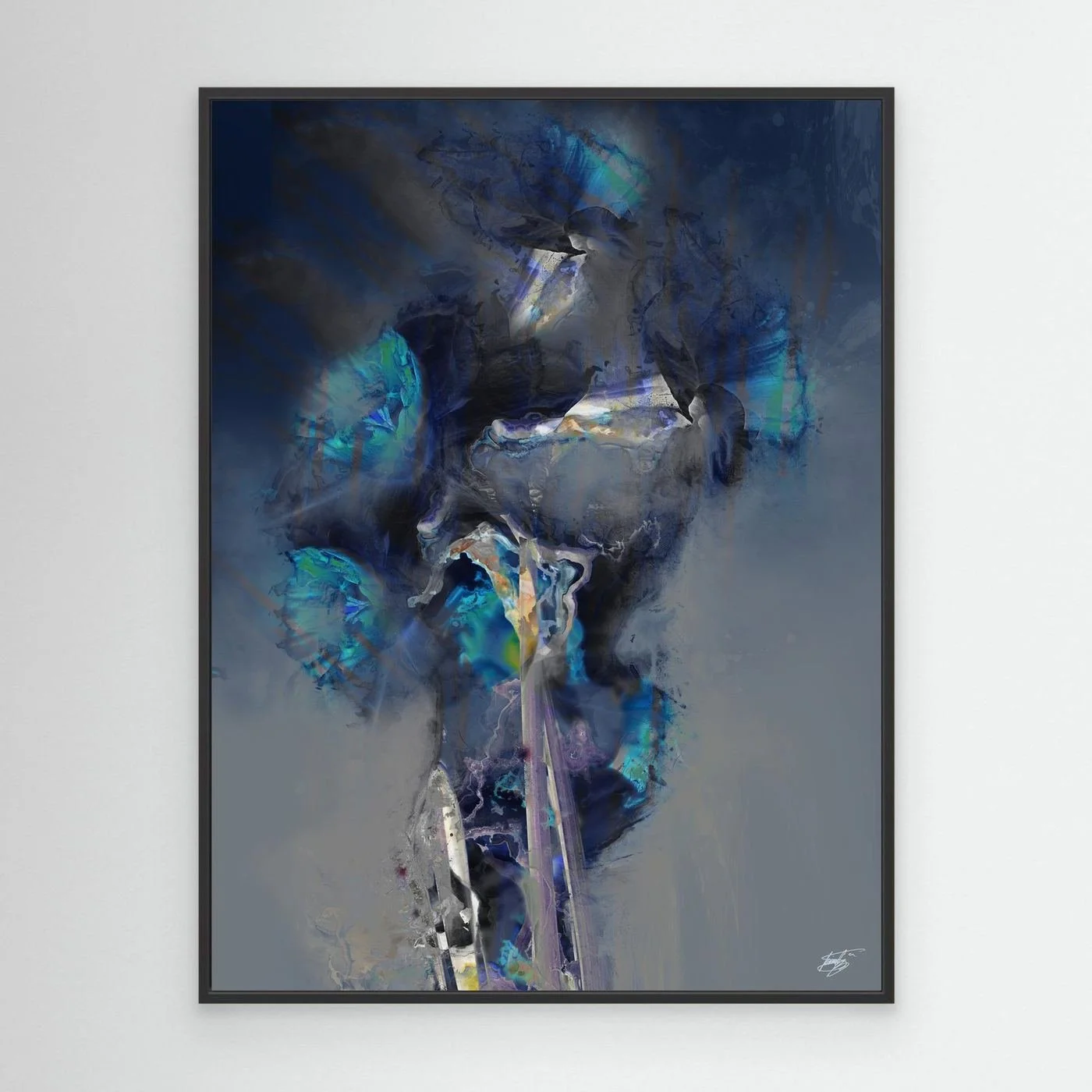 Moody abstract fine art print showcasing ethereal translucent flowers in deep navy blue, teal, and glowing turquoise tones over a smoky gray background, framed and ready to hang. With black frame